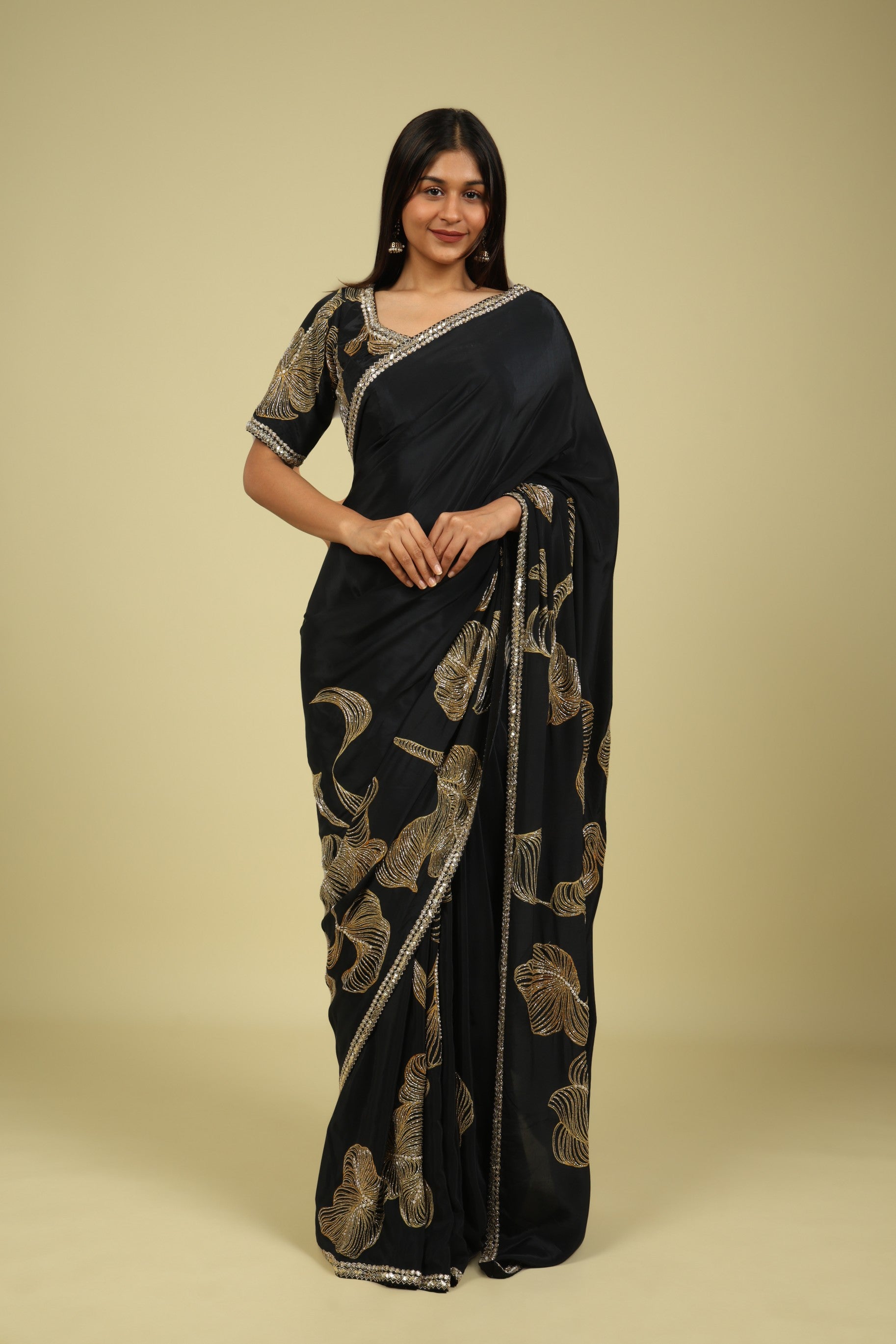 Black Satin Saree with Kardana & Sequin Fancy Work - Mokshaa