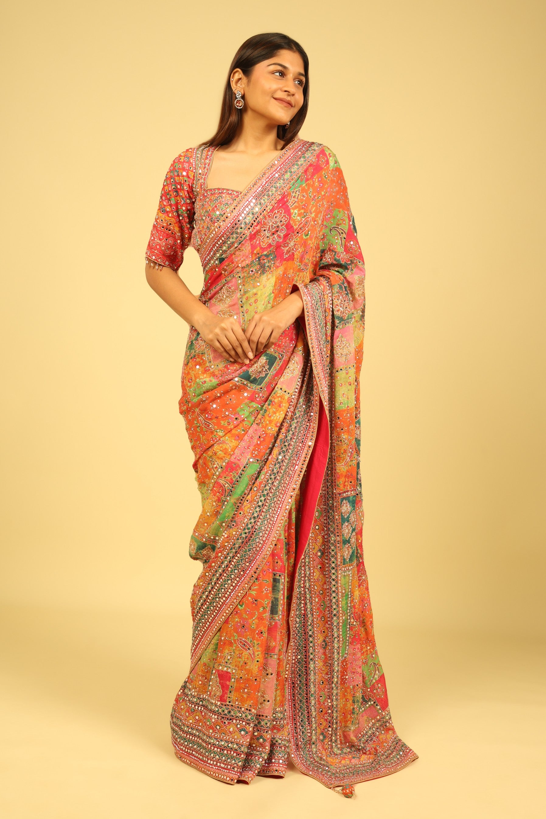 Multicolour Soft Georgette Saree with Digital Print, Sequin & Mirror Highlights - Mokshaa