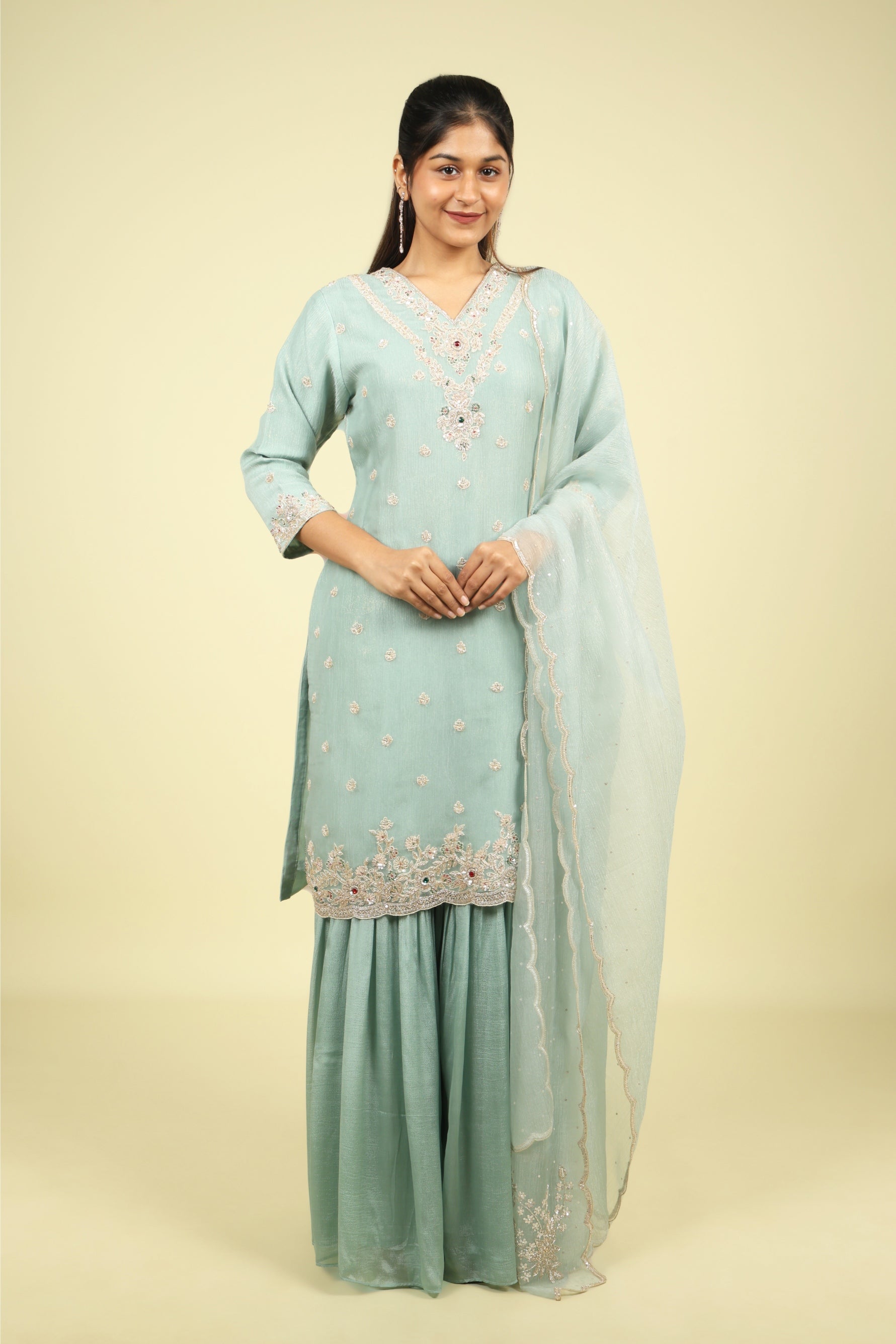 Light Blue Crush Tissue Sharara Set with Cutdana & Pearl Embroidery - Mokshaa