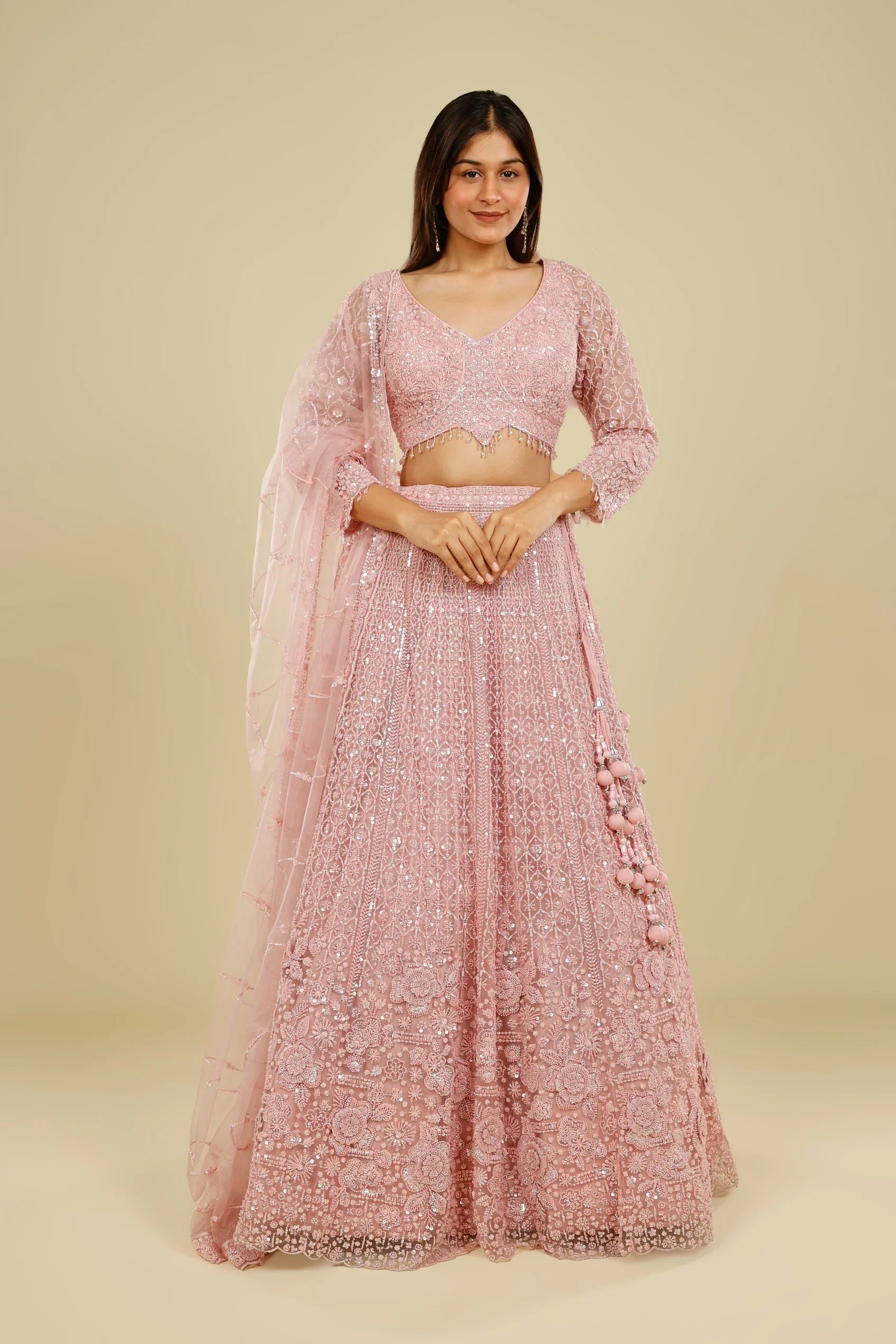 Blush Pink Net Lehenga Set with Pearl, Sequin & Cutdana Embroidery - Mokshaa