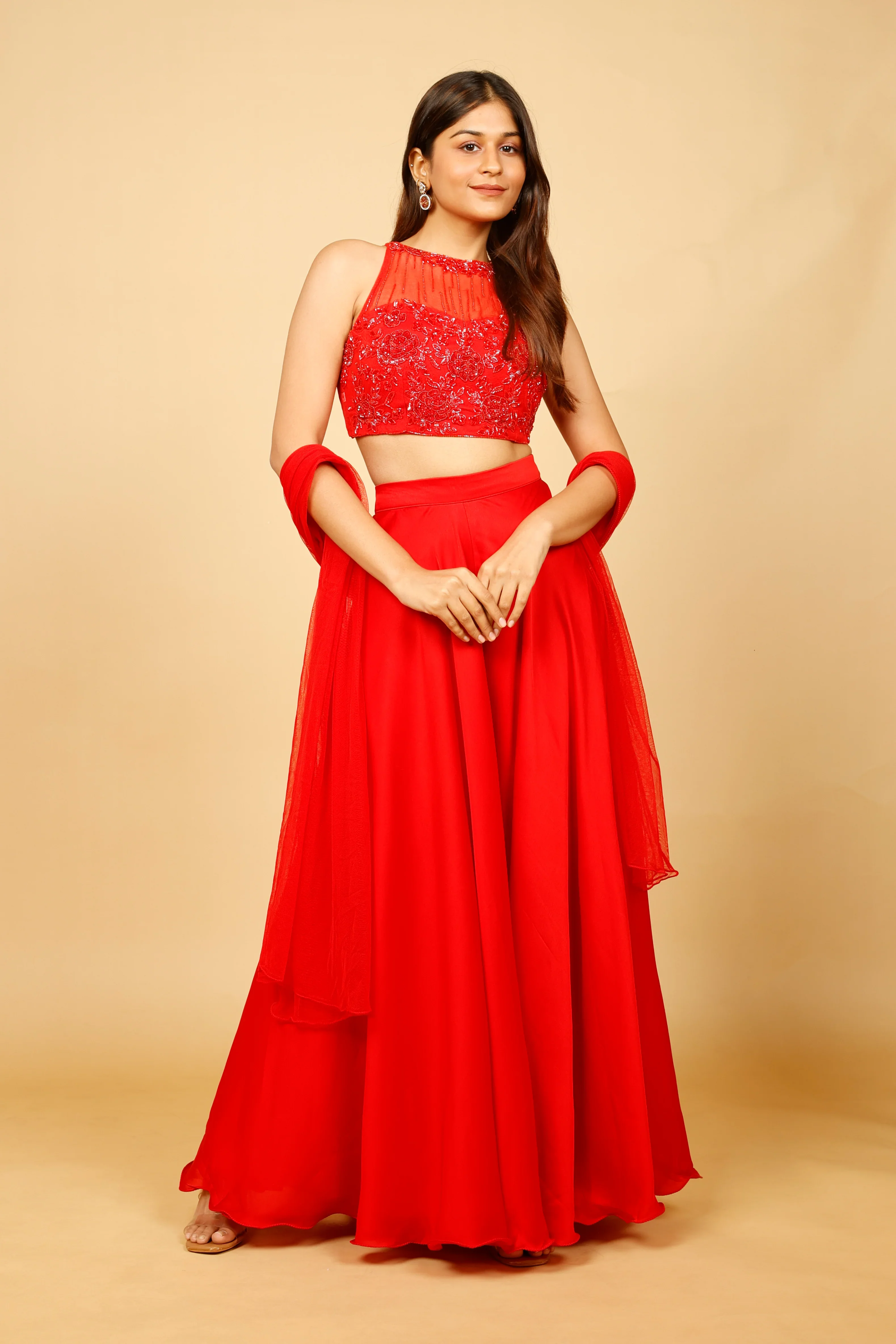 Red Crop Top with Palazzo and Net Dupatta - Mokshaa