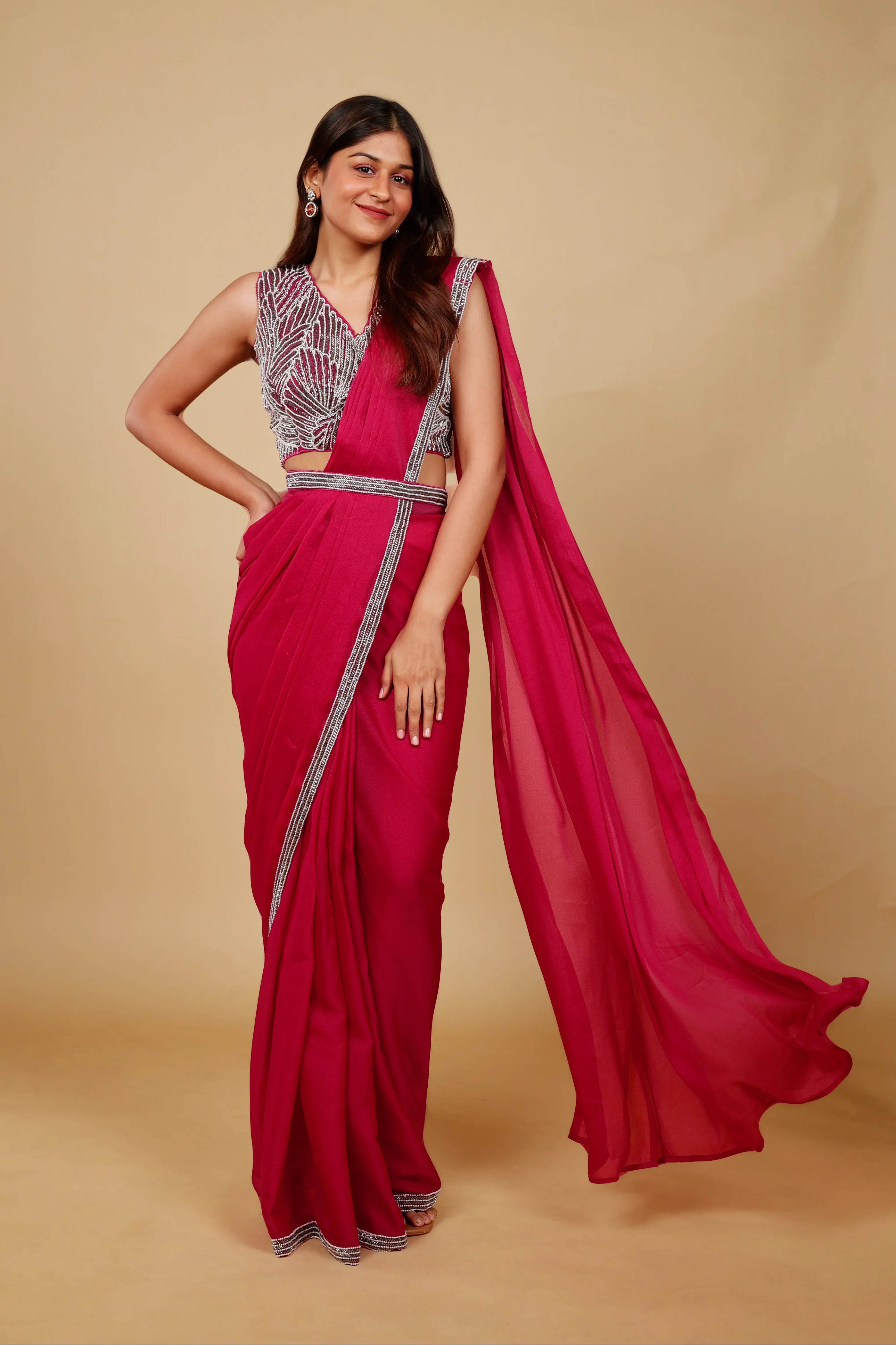 Pink Shimmer Drape Saree with Pearl & Cutdana Embroidery - Mokshaa