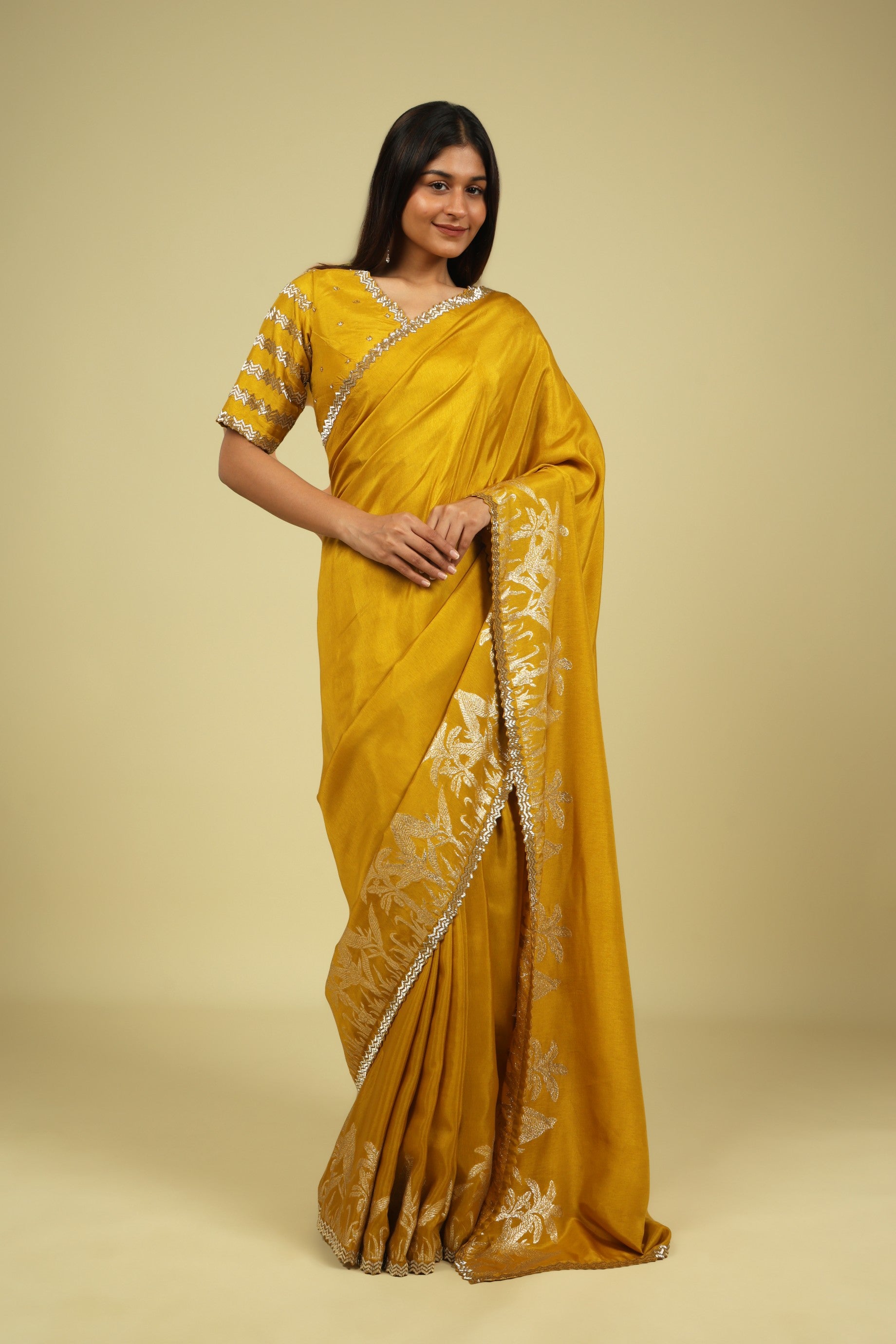 Mustard Tussar Georgette Saree - Mokshaa