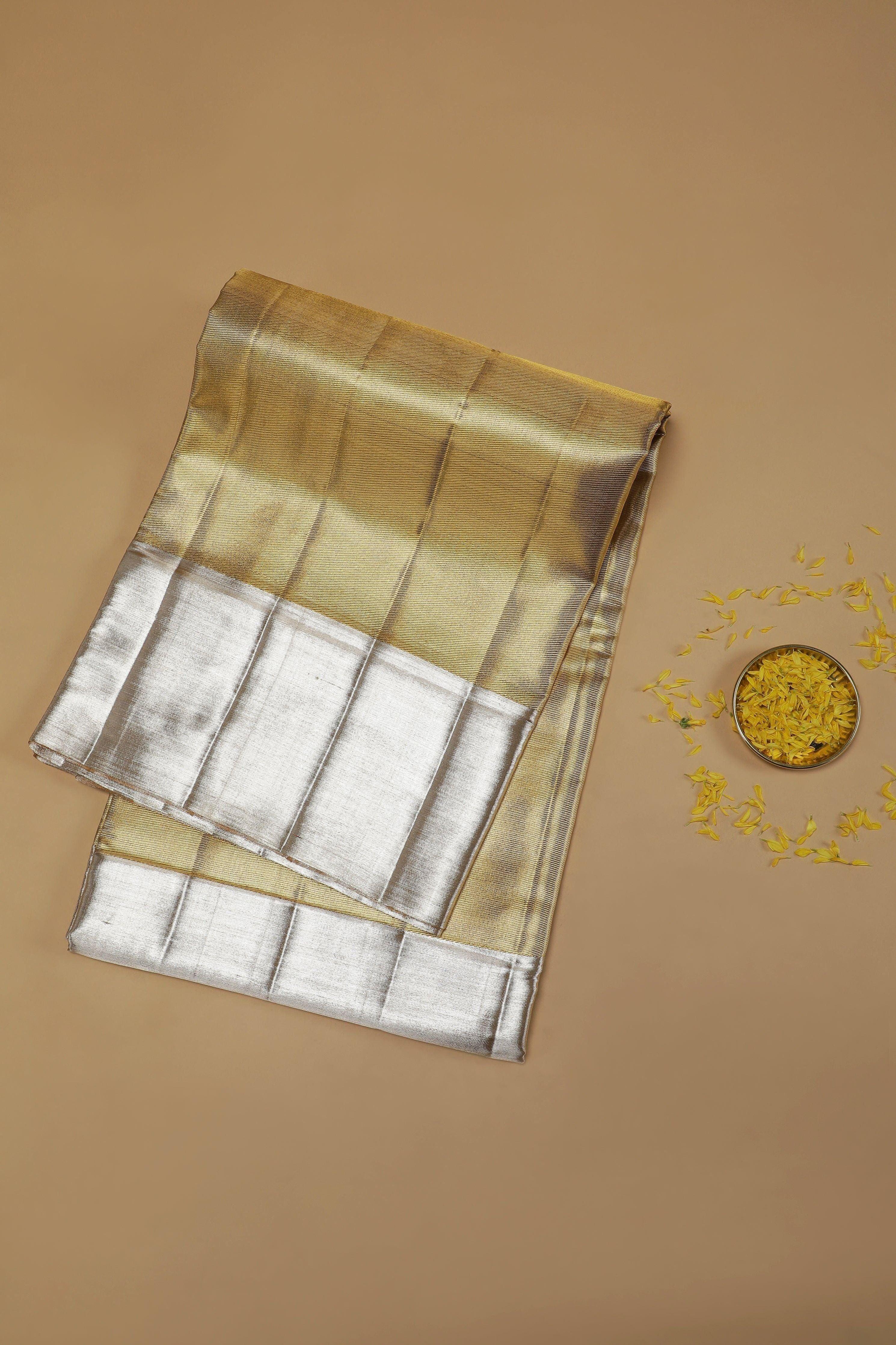 Gold and Silver Tissue Silk Saree with Contrast Silver Tissue Border - Mokshaa