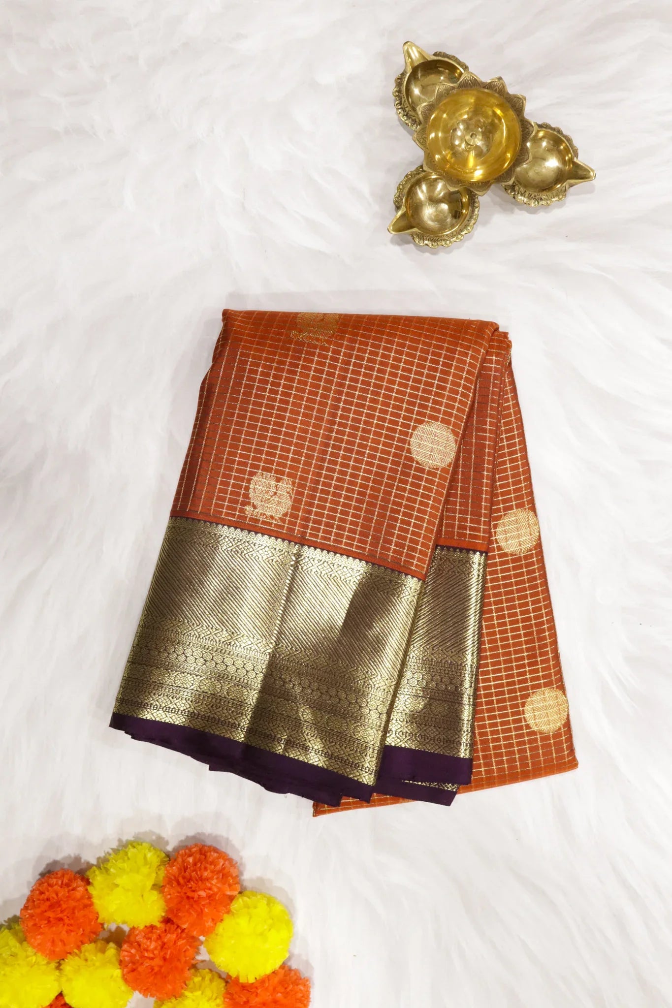 Rust Orange Kanchipuram Silk Saree with Zari Checks, Motifs & Weaving Border - Mokshaa