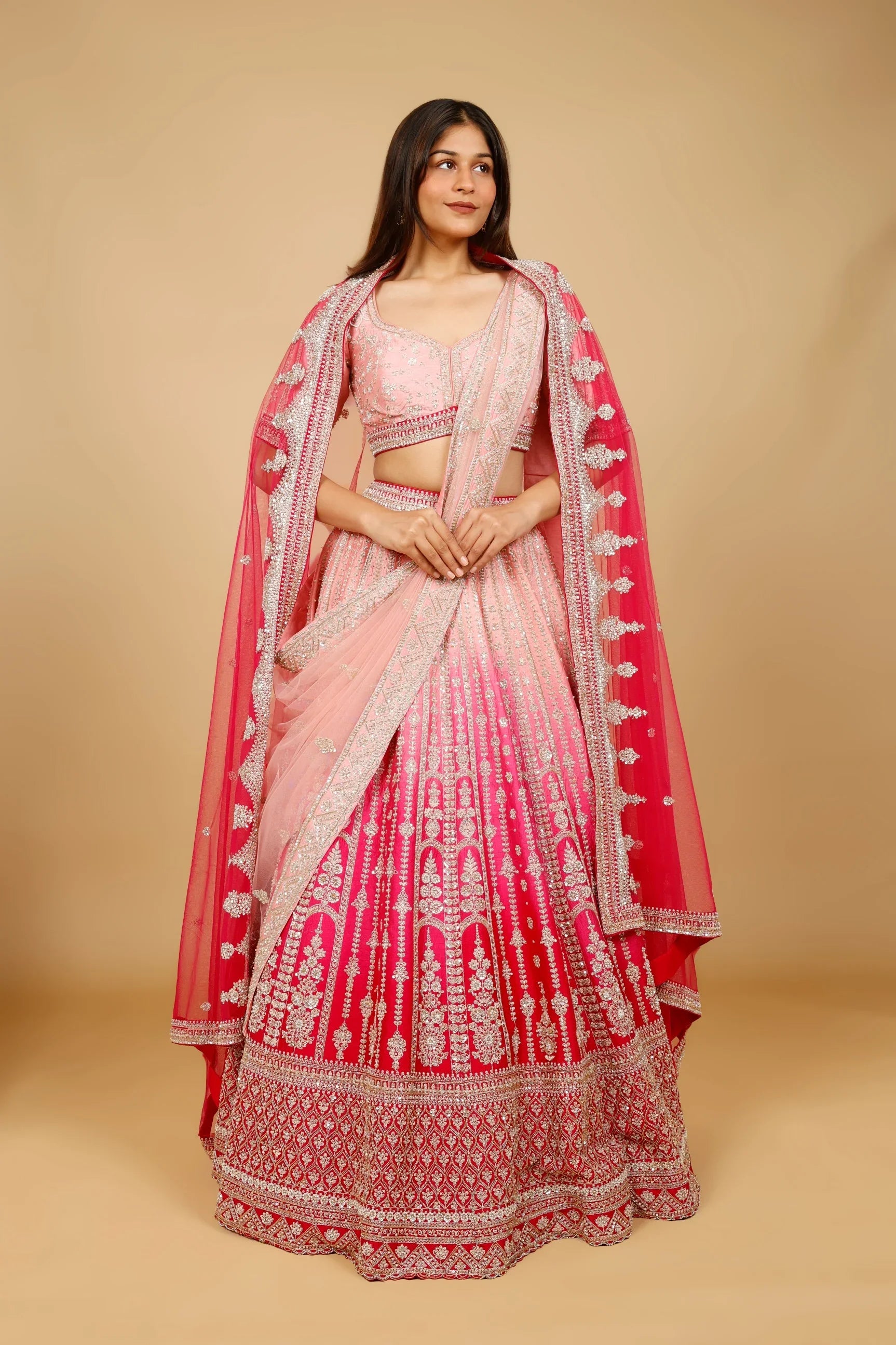 Pink Ombre Raw Silk Bridal Lehenga Set with Zari, Sequin & Zardozi Embroidery - Mokshaa