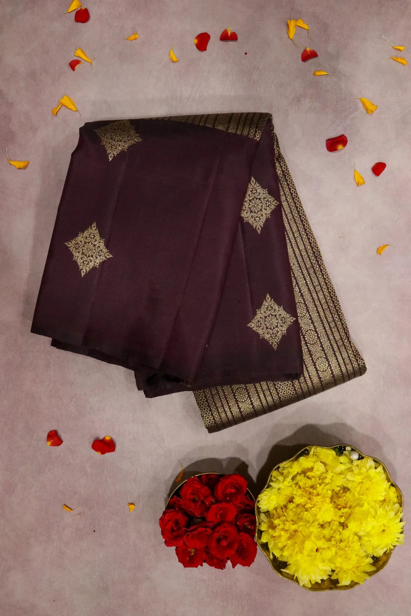 Brown Kanchipuram Silk Saree with Gold Geometrical Lines and Zari Motif Border - Mokshaa