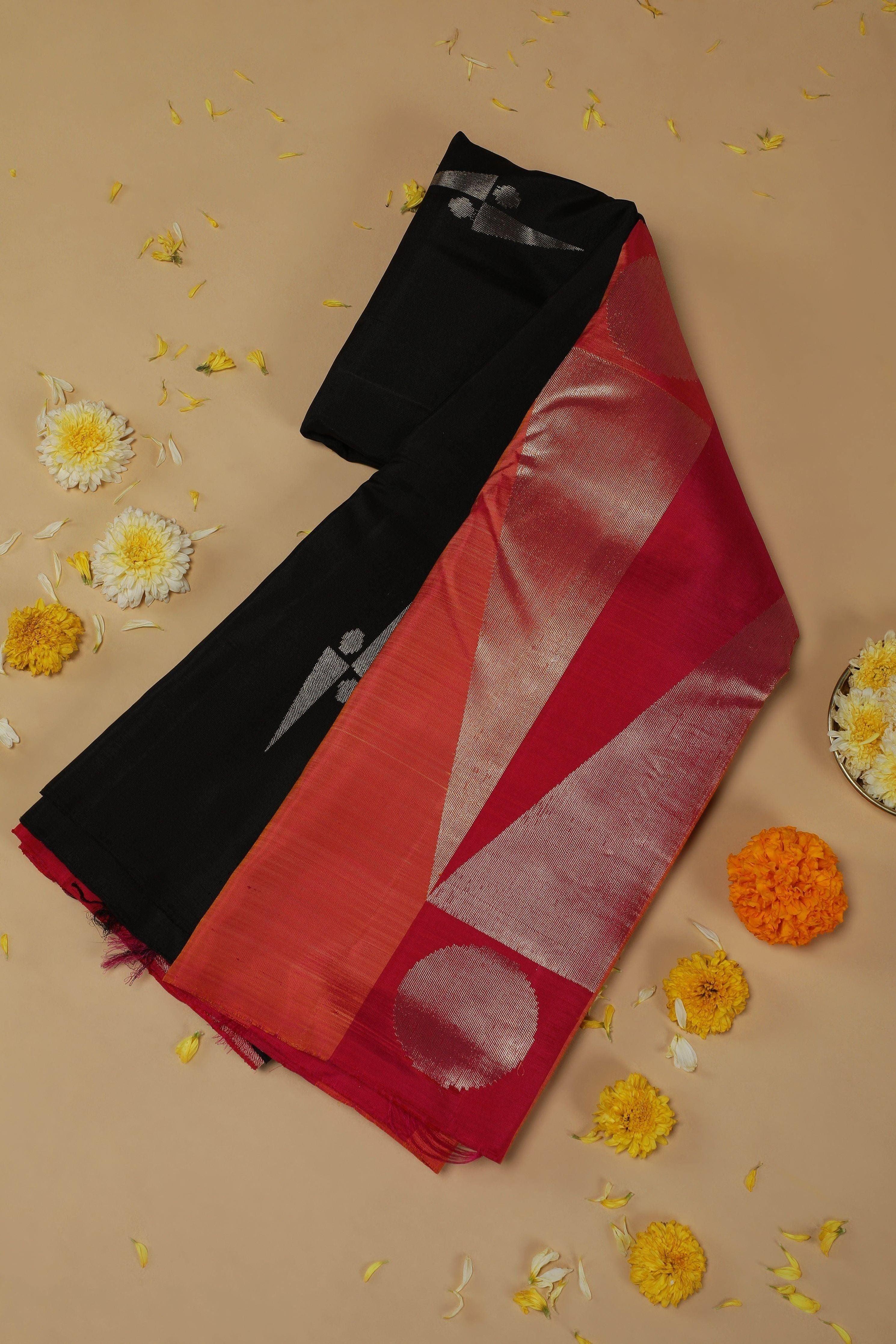Black Kanchipuram Silk Saree with Coral-Orange Geometric Long Border - Mokshaa