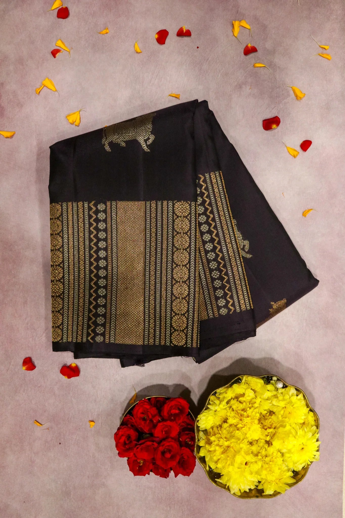 Brownish Purple Kanchipuram Silk Saree with Gold & Silver Cow Motifs and Fancy Border - Mokshaa