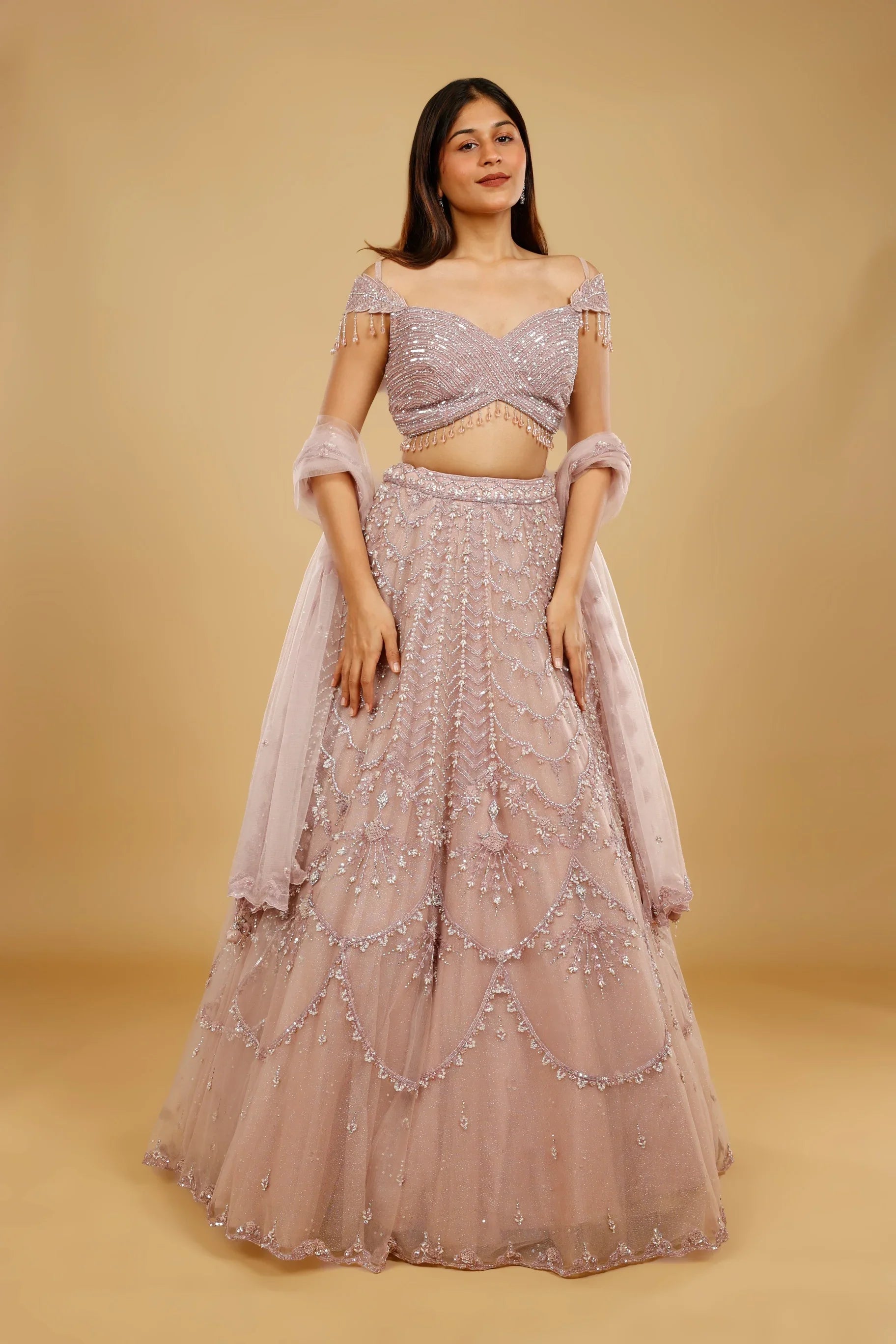 Mauve Net Lehenga Set with Sequin, Pearl & Cutdana Embroidery - Mokshaa