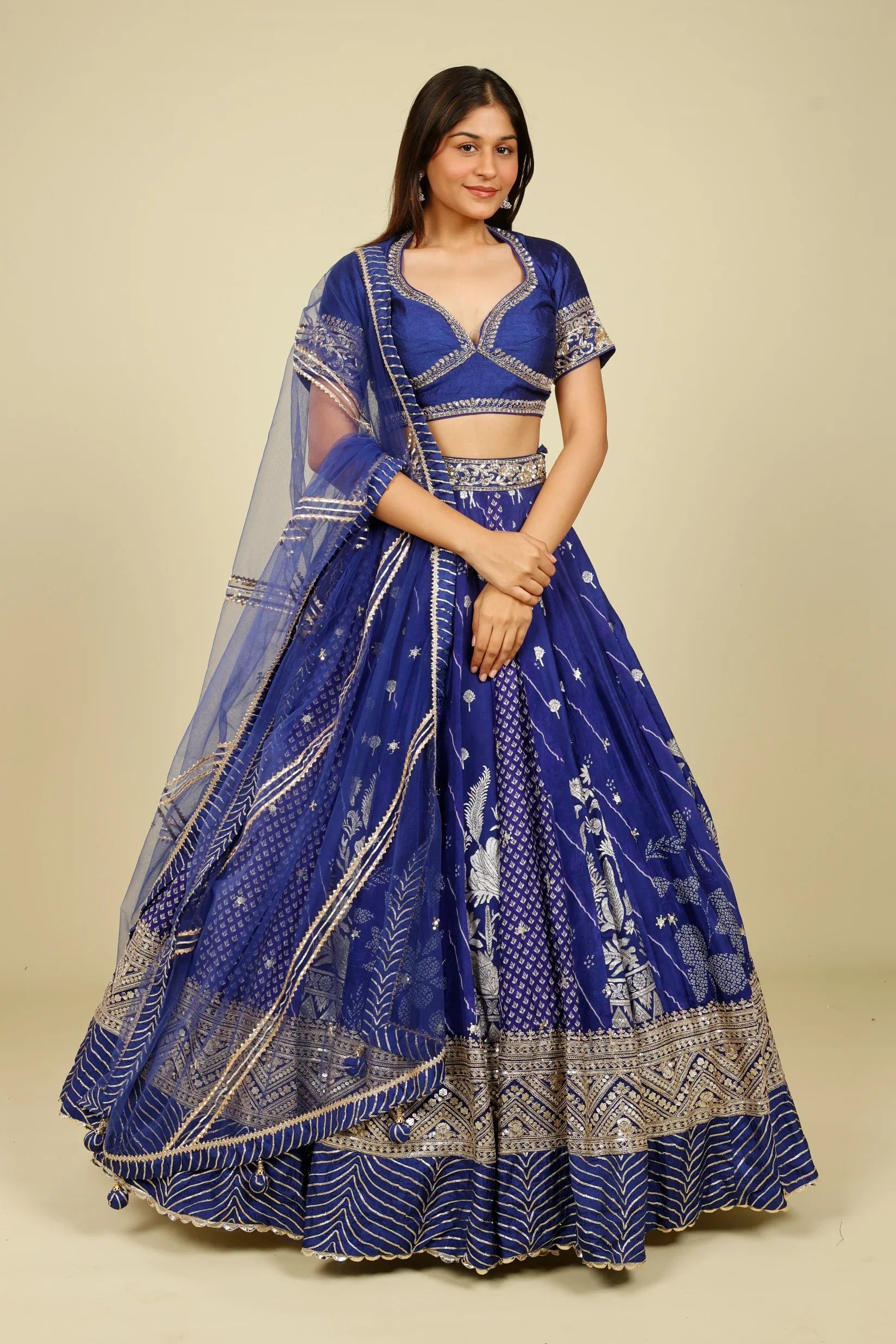 Royal Blue Printed Crepe Silk Lehenga Set with Zardozi & Gota Embroidery - Mokshaa
