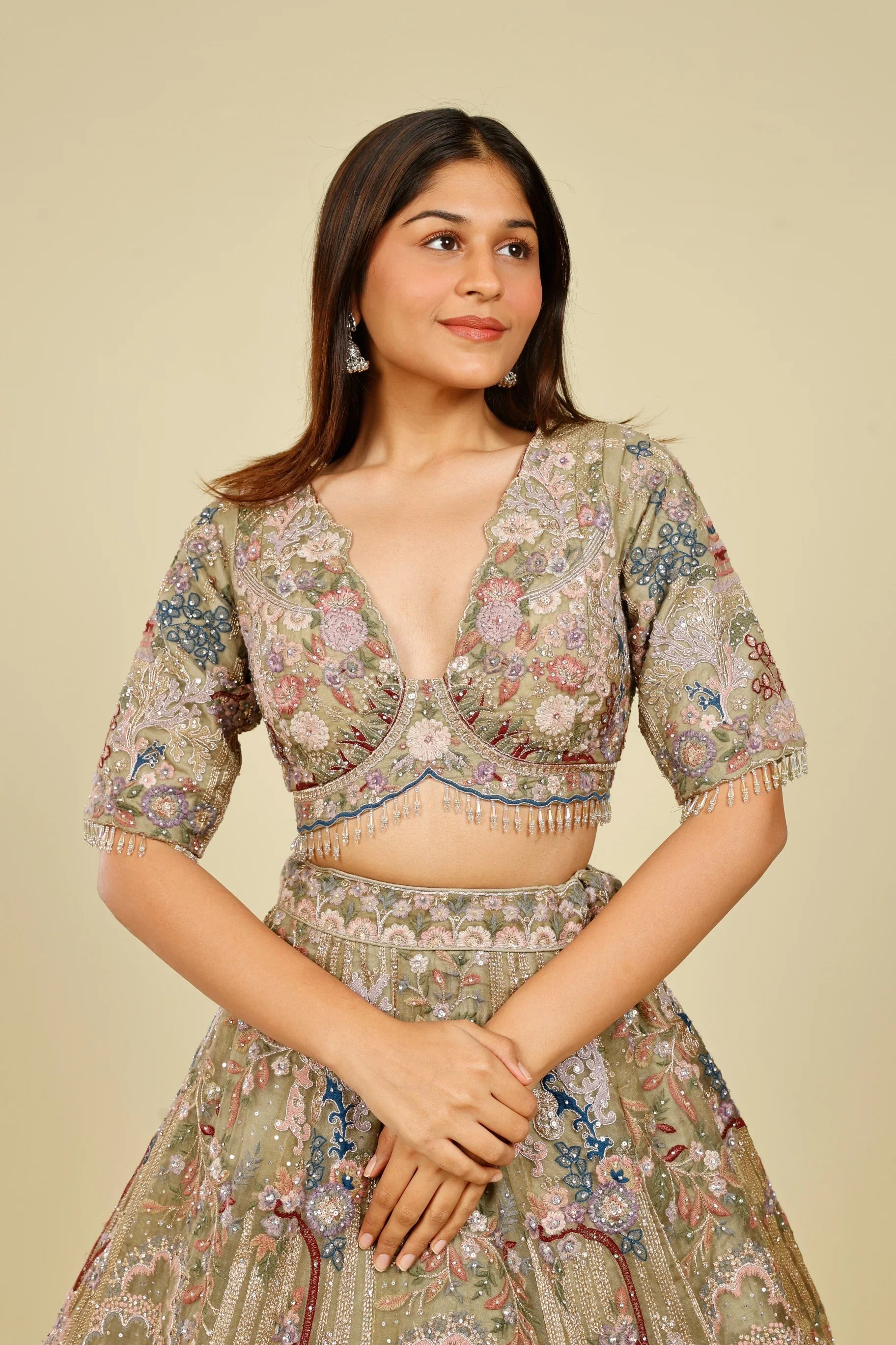 Olive Green Organza Embroidered Lehenga with Multicolour Zari, Sequins & Pearl Work - Mokshaa