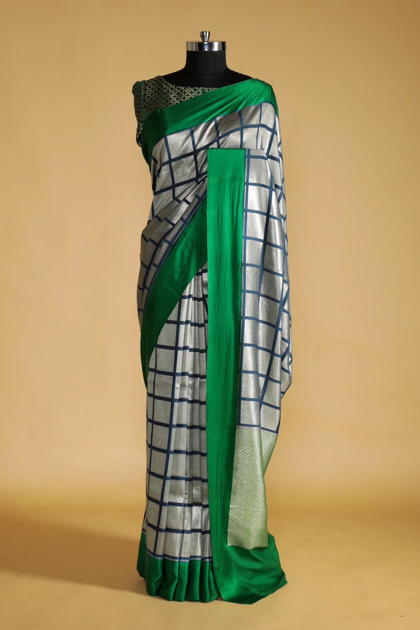 Ash Blue Handloom Silk Saree with Silver Zari Geometric Weaving - Mokshaa