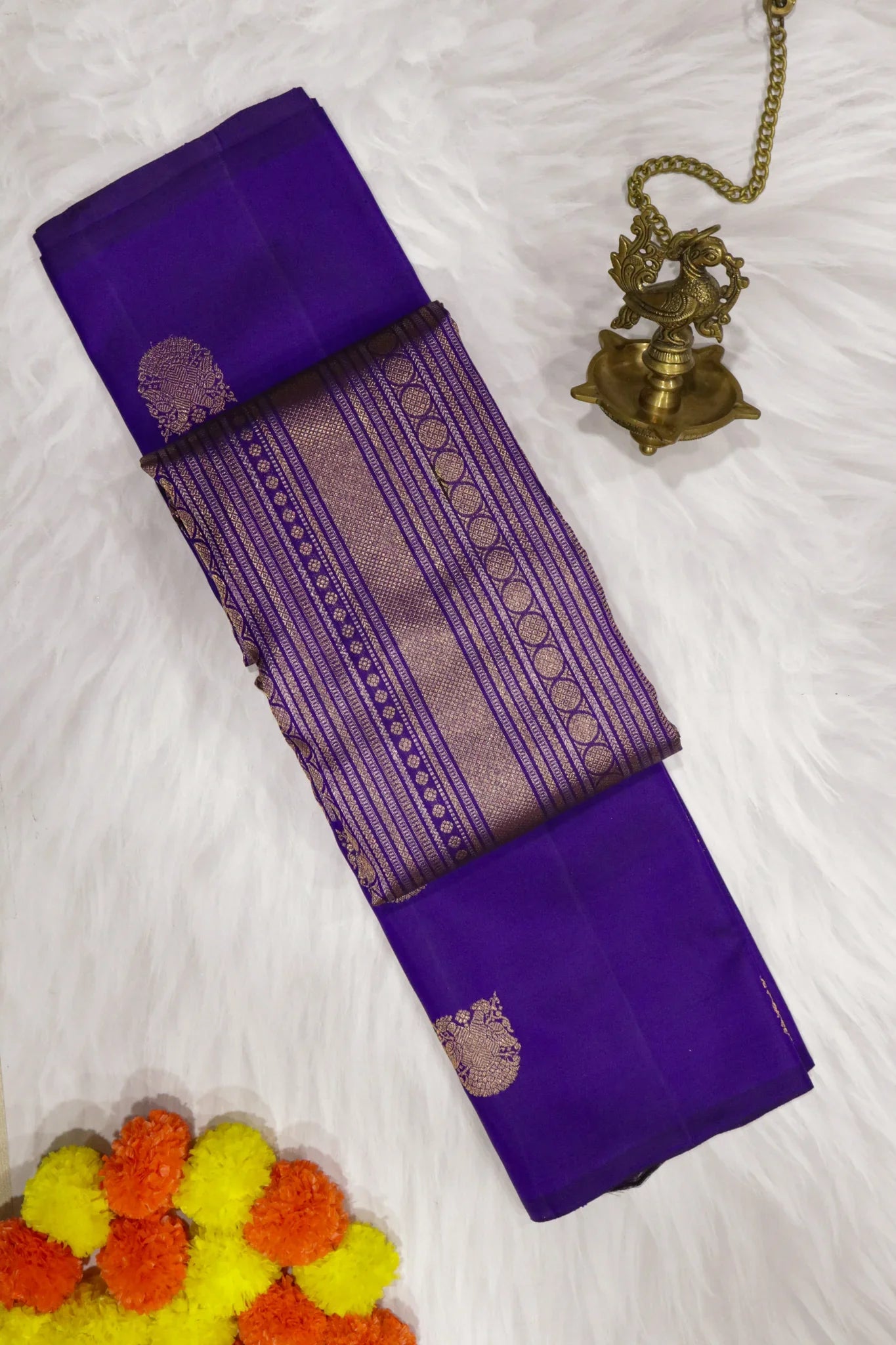 Blue Kanchipuram Silk Saree with Gold & Silver Geometrical Weaving and Zari Motif Border - Mokshaa