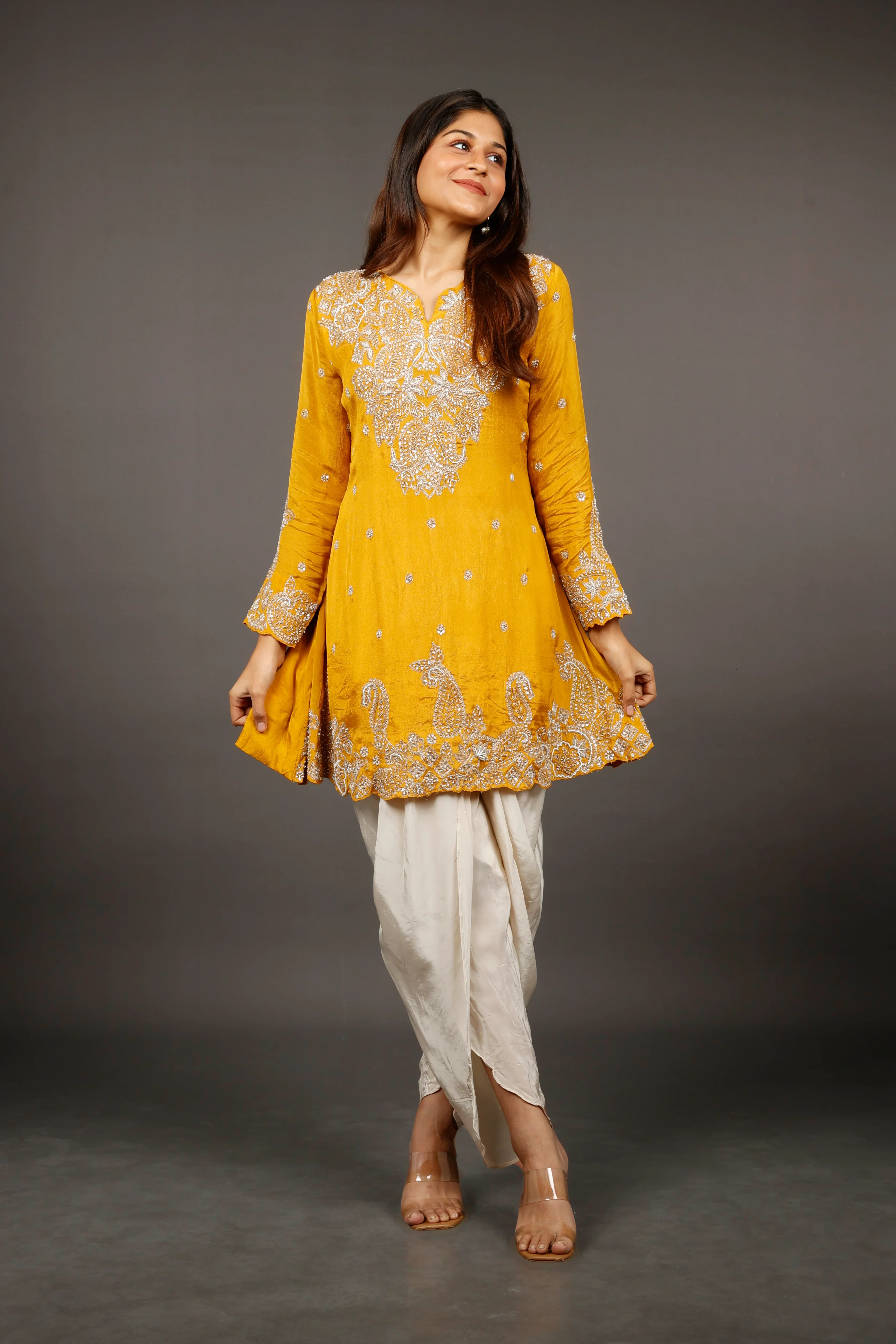 Yellow Chinon Silk Indo-Western Kurta with Cream Dhoti Pants - Mokshaa