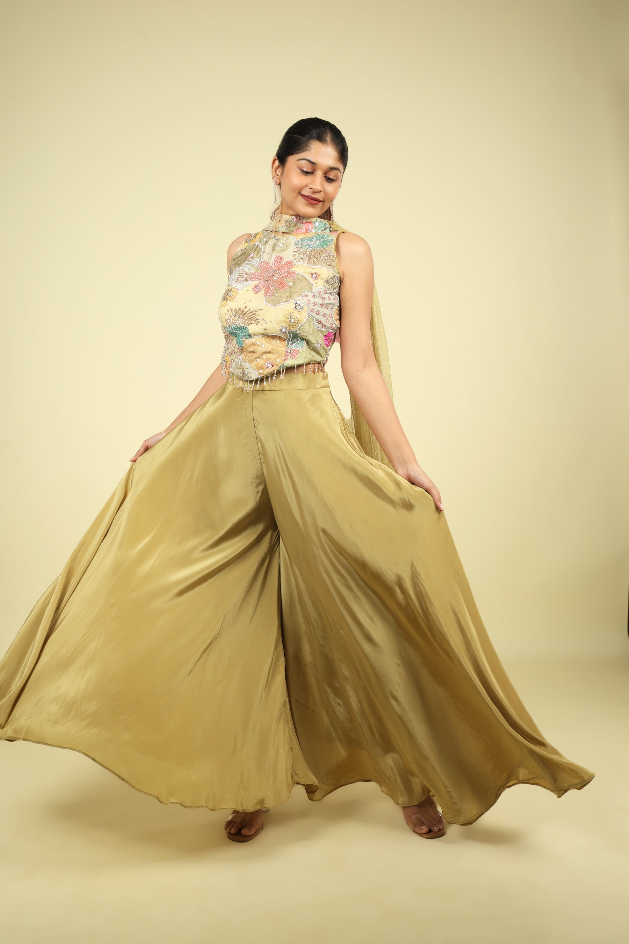 Olive Green Embroidered Satin Silk Corset Palazzo Set - Mokshaa