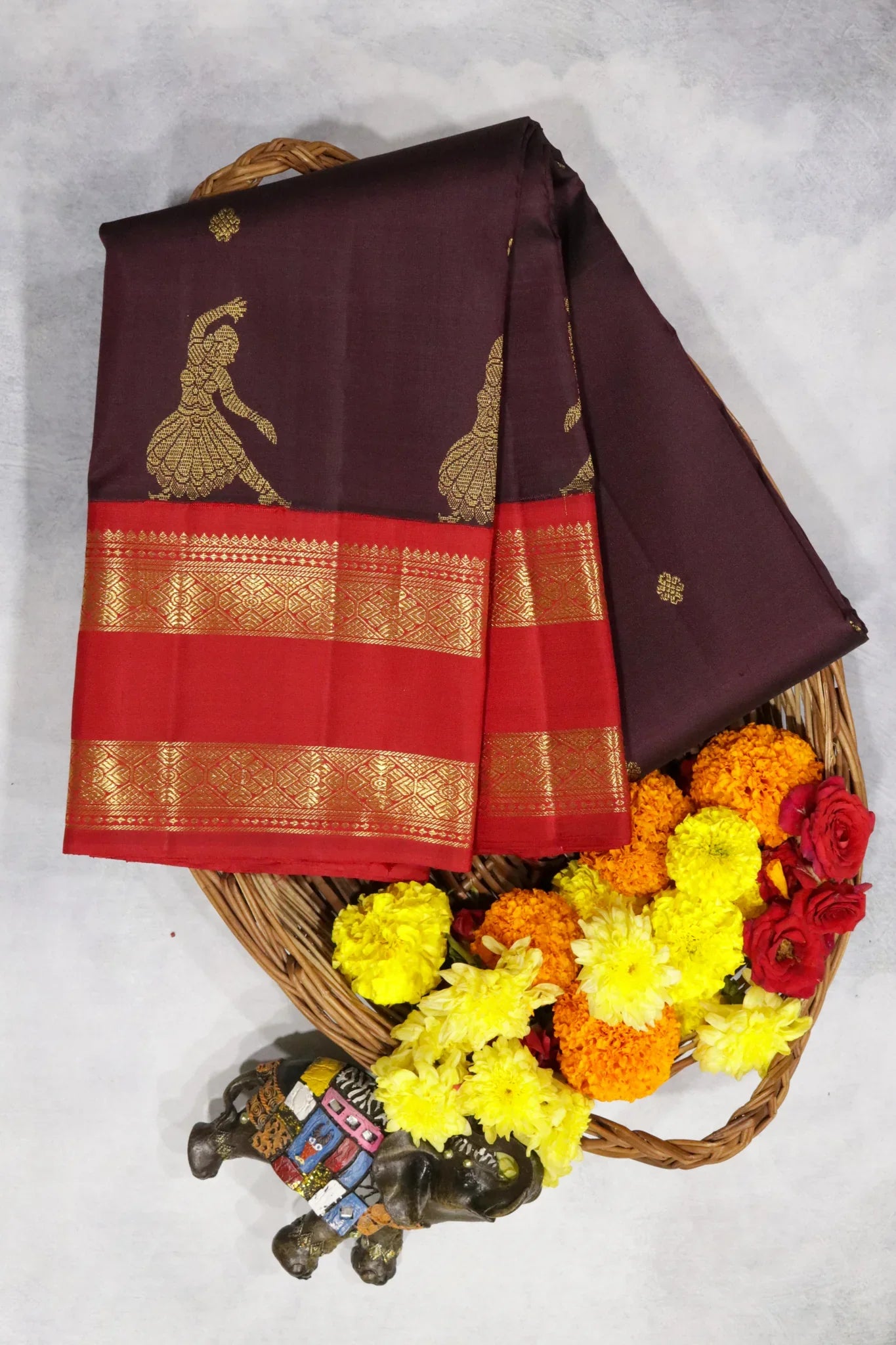 Chocolate Brown Kanchipuram Silk Saree with Motifs & Dancing Figurines and Contrast Zari Border - Mokshaa