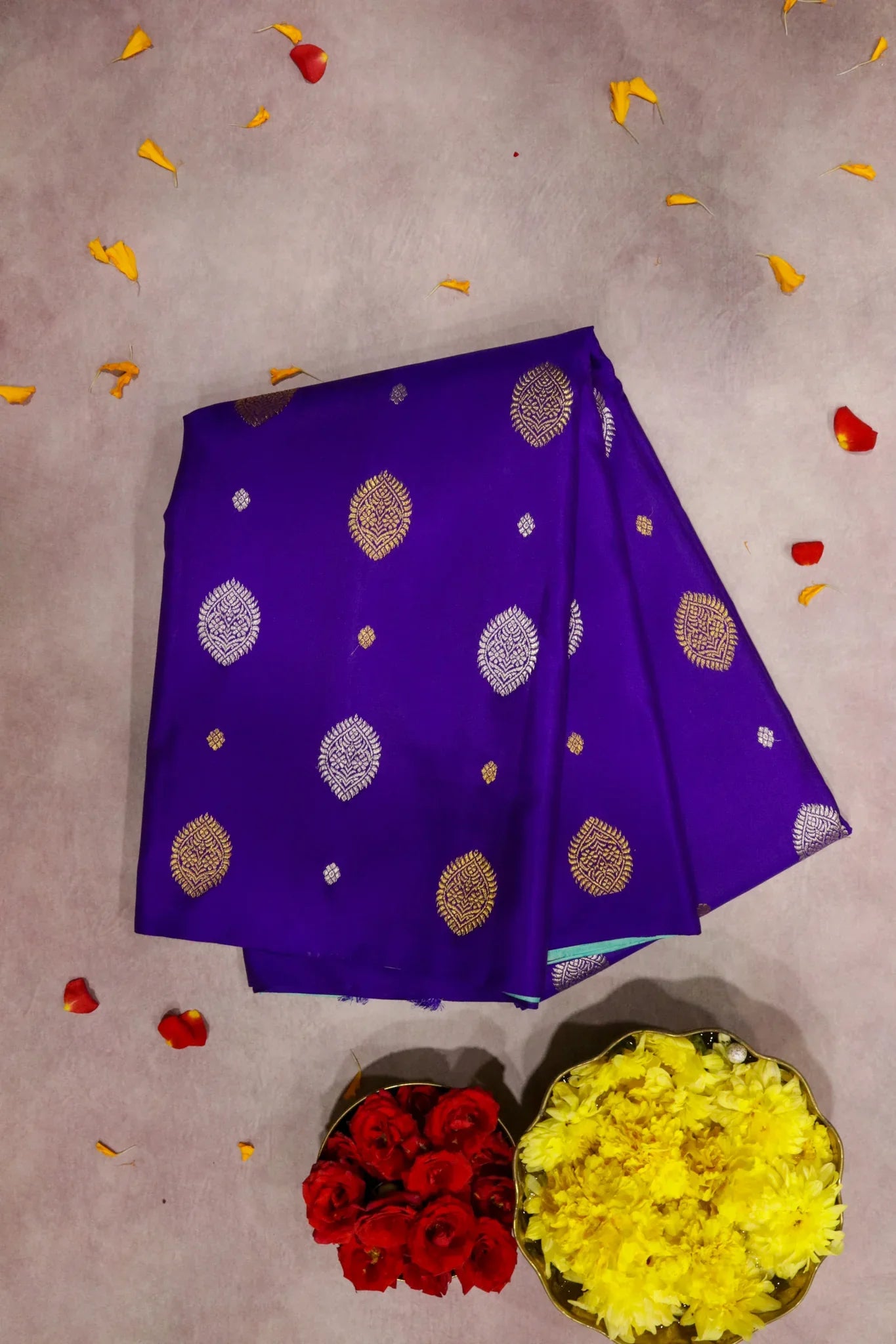 Ink Blue Kanchipuram Silk Saree with Gold & Silver Motifs and Contrast Light Blue Pallu - Mokshaa