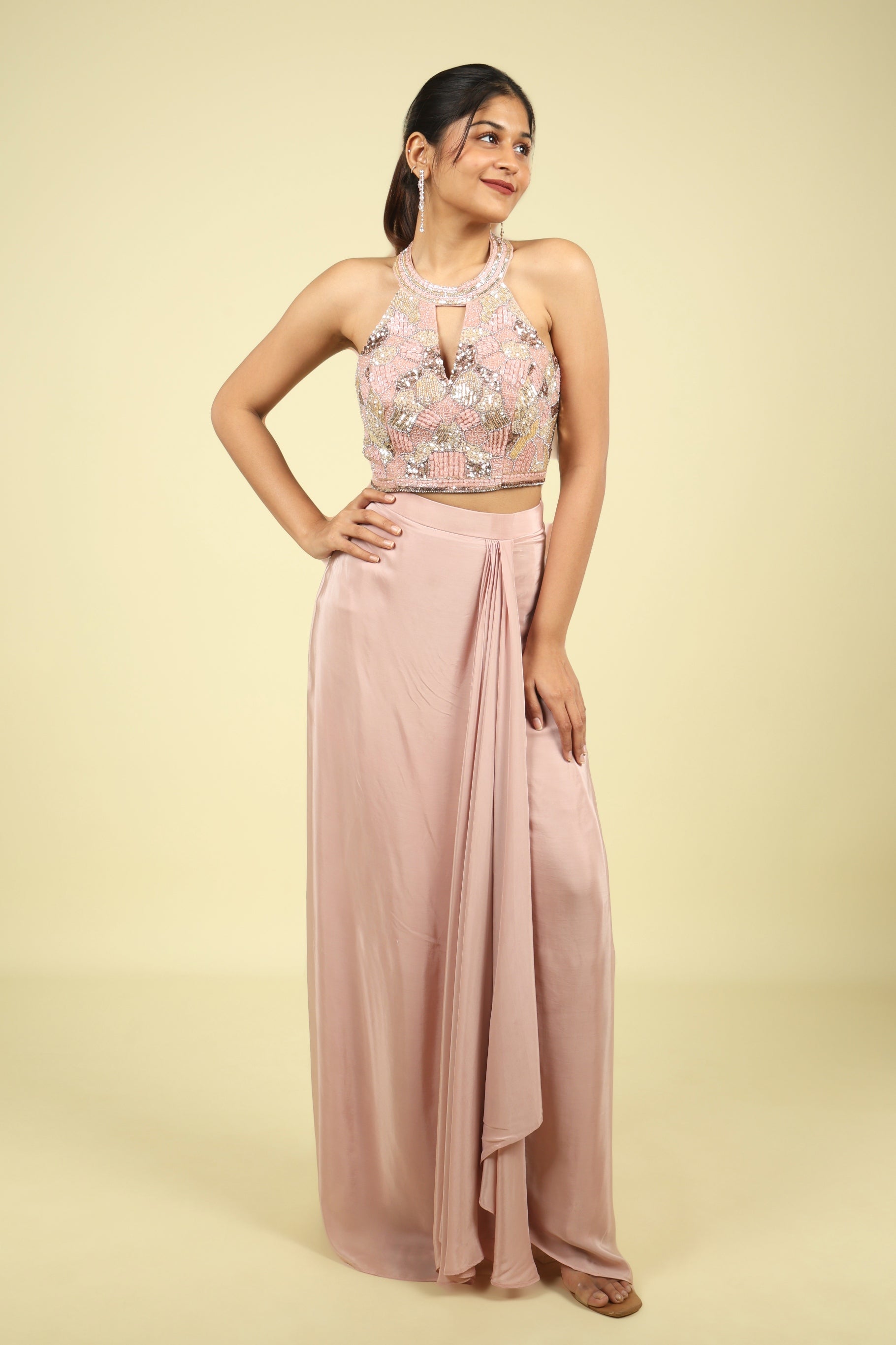 Blush Pink Halter Neck Embellished Drape Skirt Set - Mokshaa