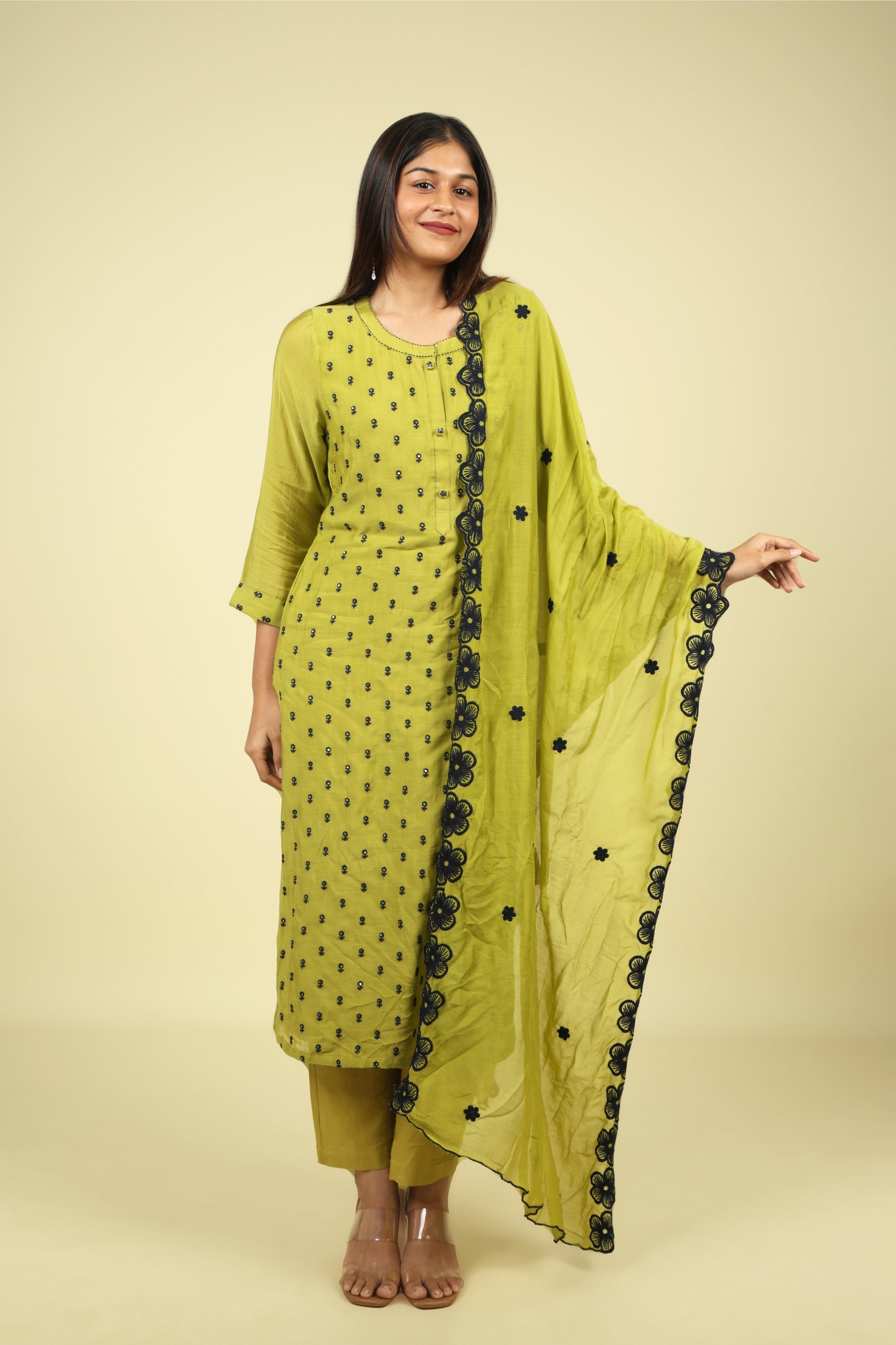 Olive Green Mul Chanderi Straight Cut Salwar Set with Navy Thread Embroidery - Mokshaa