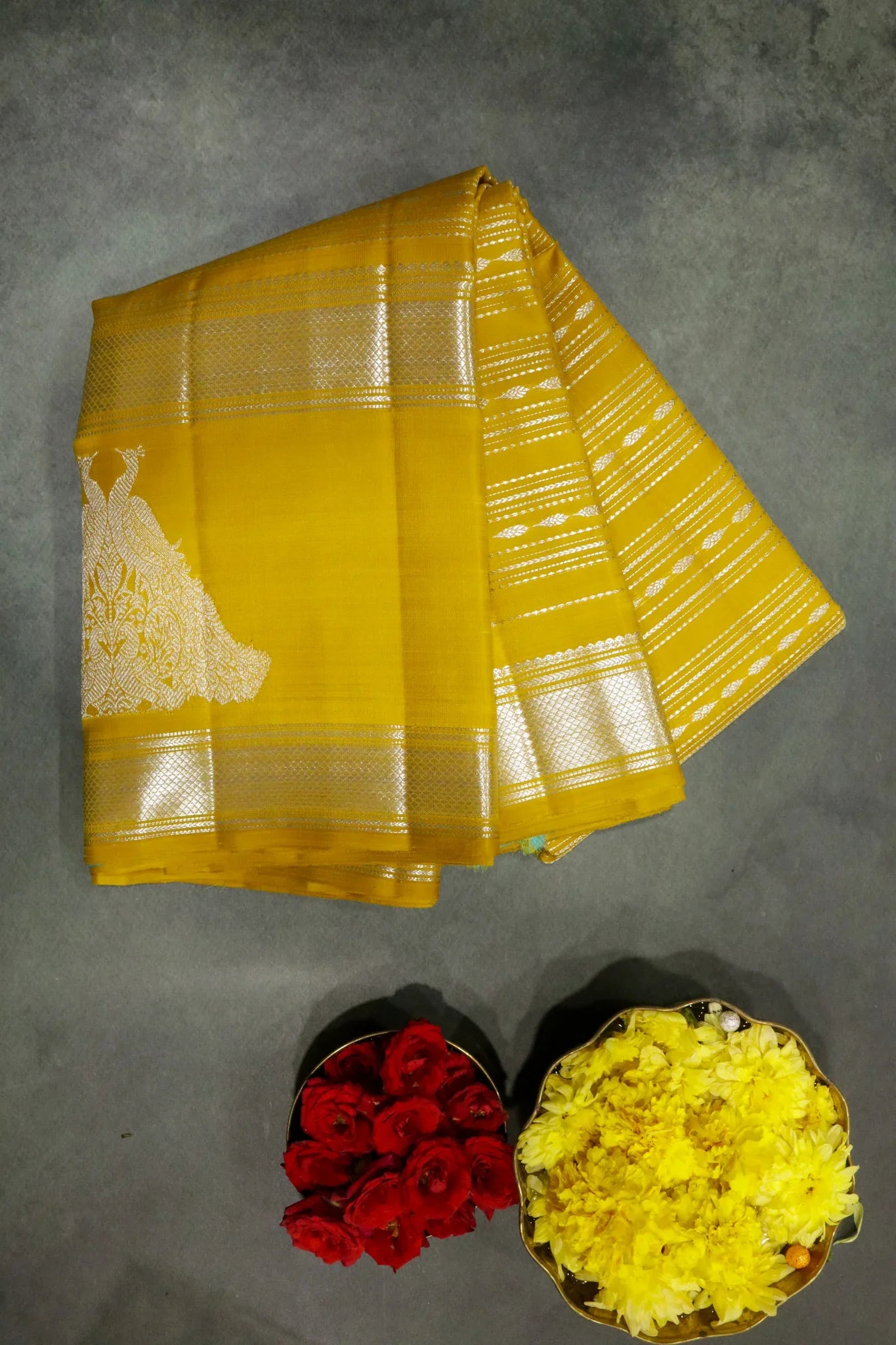 Yellow Kanchipuram Silk Saree with Silver Zari Horizontal Weaving Lines and Fancy Border - Mokshaa