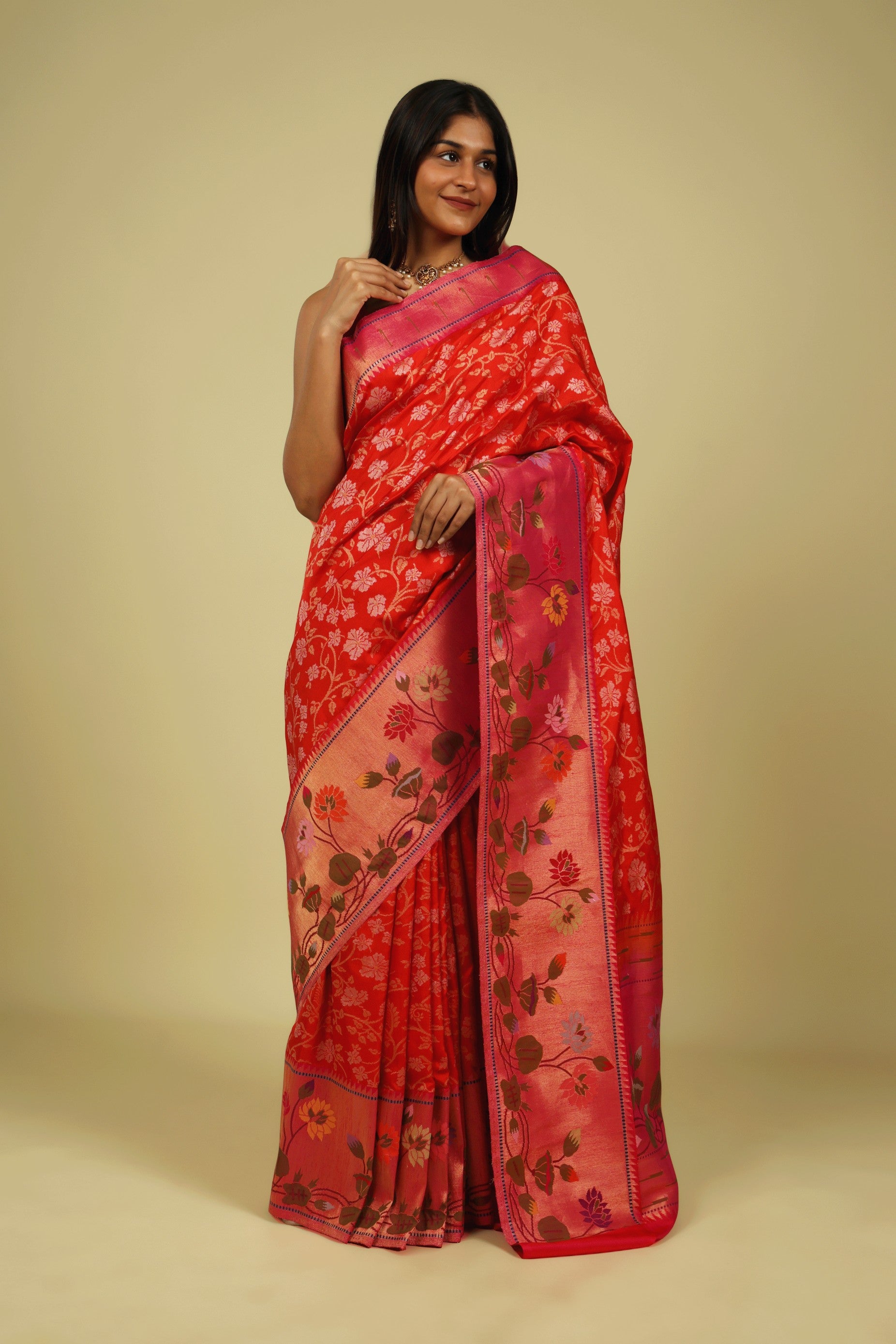 Orange Banarasi Silk Saree with Gold & Silver Zari Jaal and Jamdani Border - Mokshaa