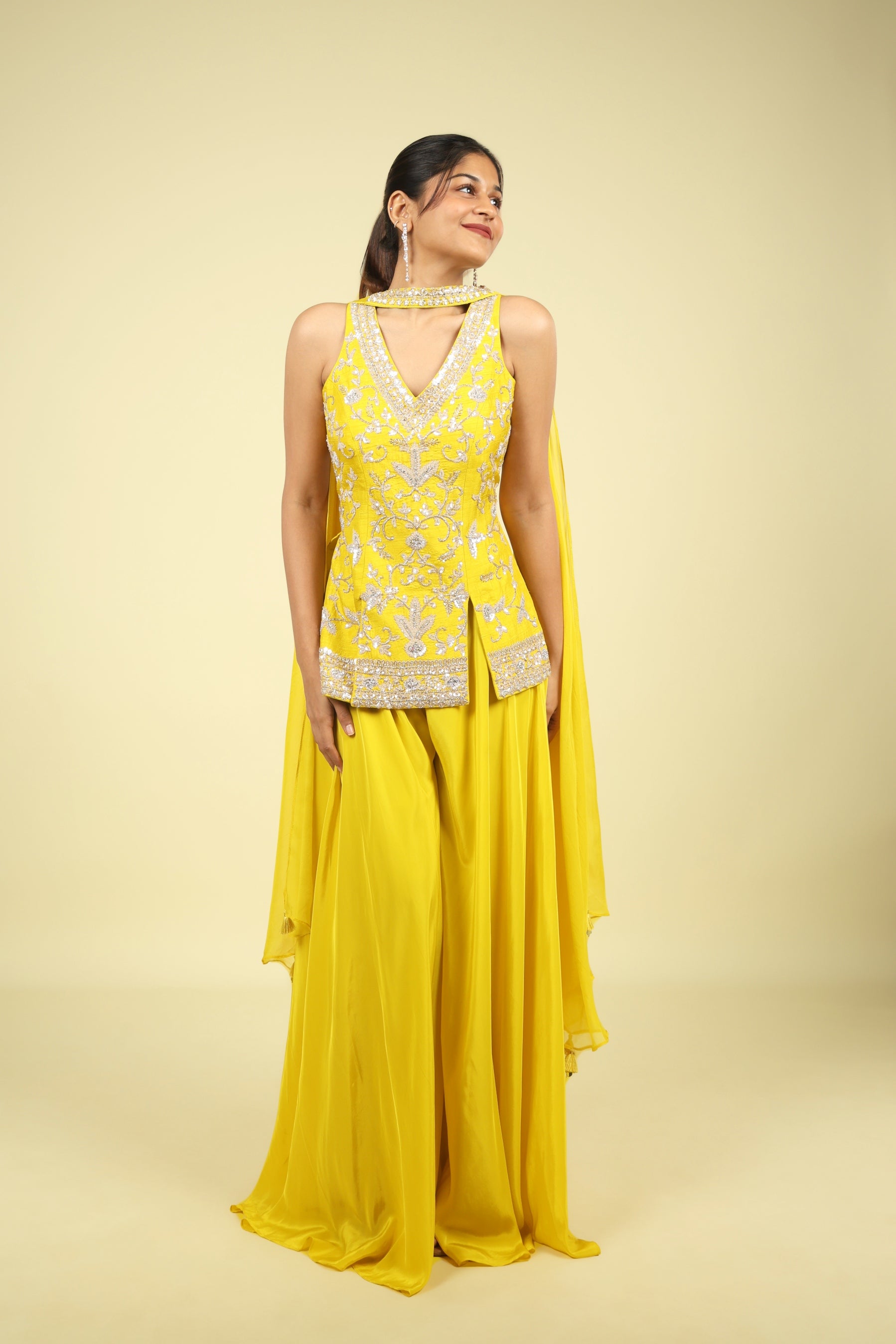 Yellow Silk Embroidered Palazzo Set with Organza Choker Dupatta - Mokshaa
