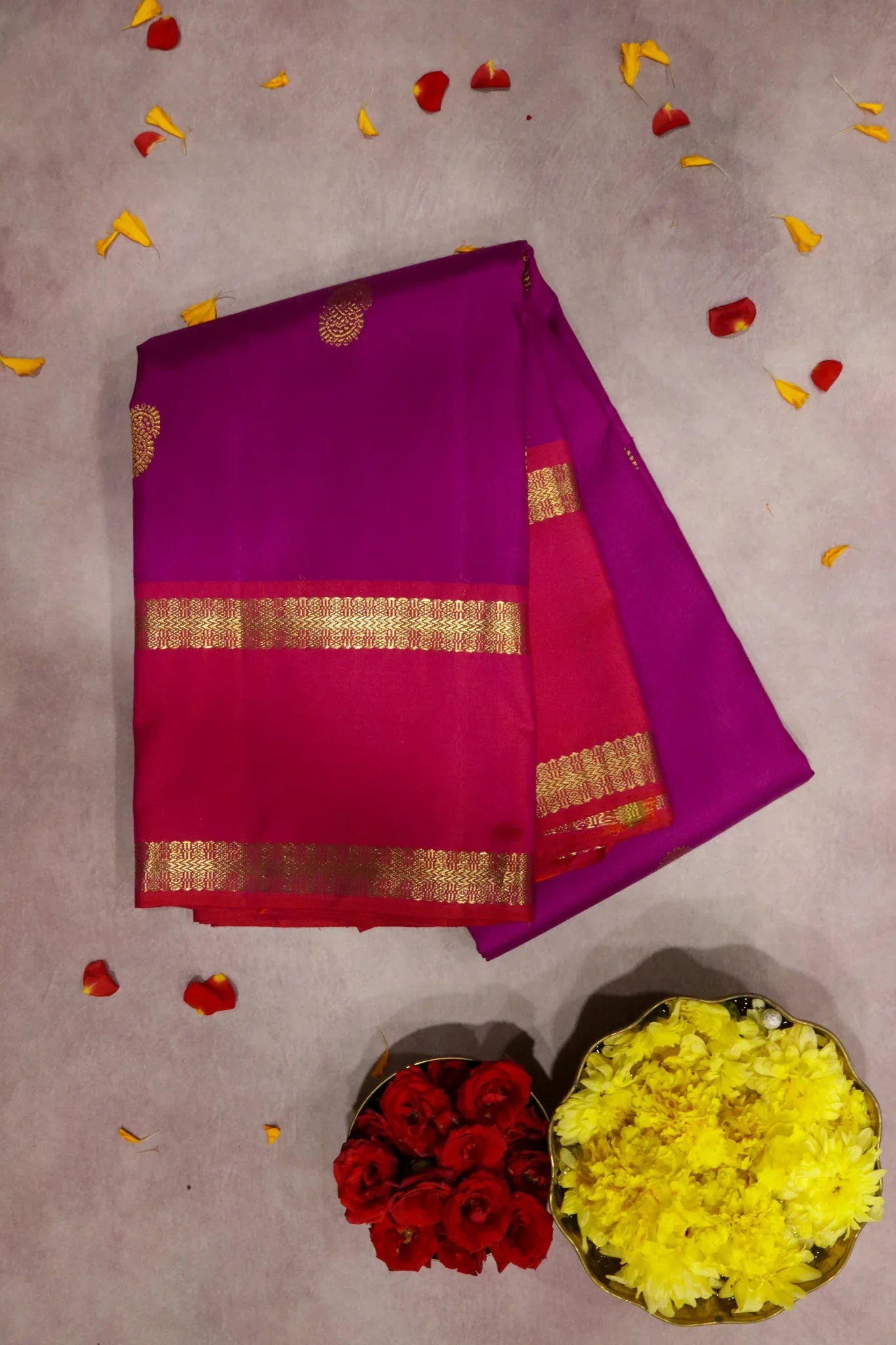 Magenta Kanchipuram Silk Saree with Gold Zari Motifs and Contrast Border - Mokshaa