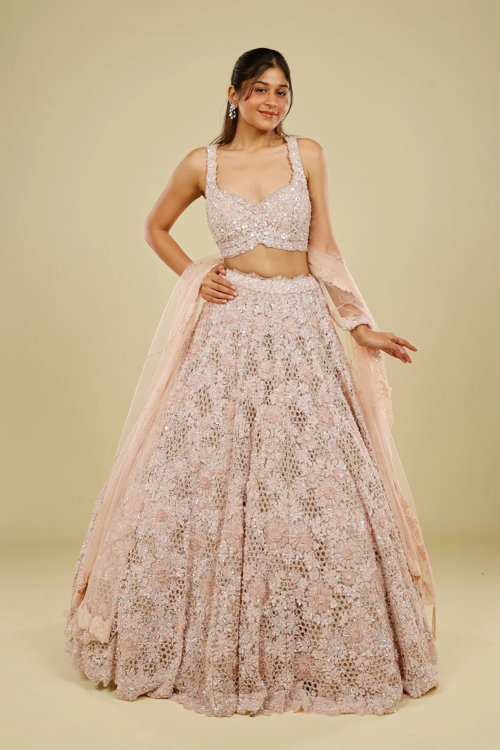 Blush Pink Net Cutwork Lehenga Set with Sequin, Stone & Pearl Embroidery - Mokshaa