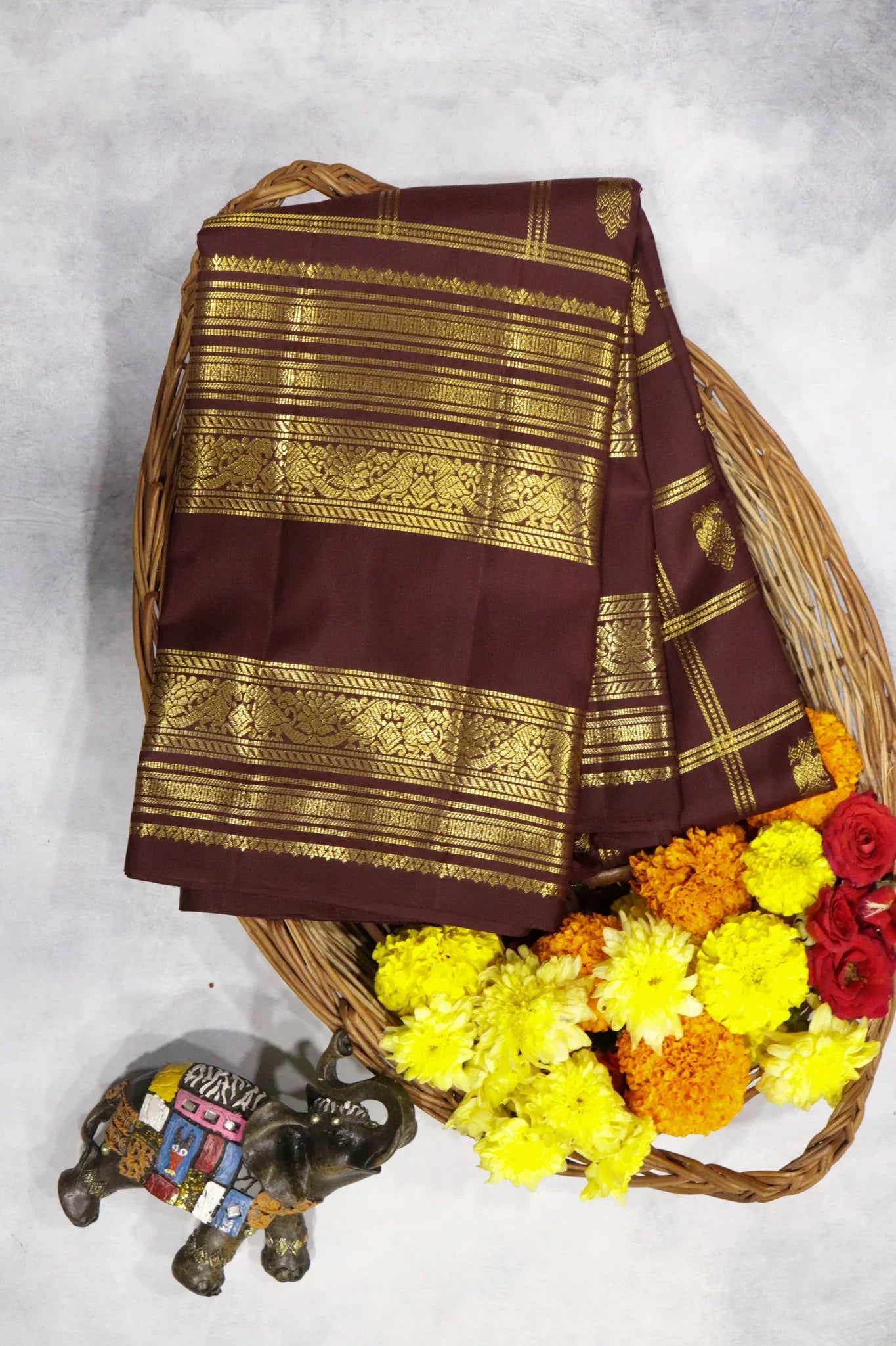 Dark Brown Kanchipuram Silk Saree with Zari Checks, Motifs & Long Zari Border - Mokshaa