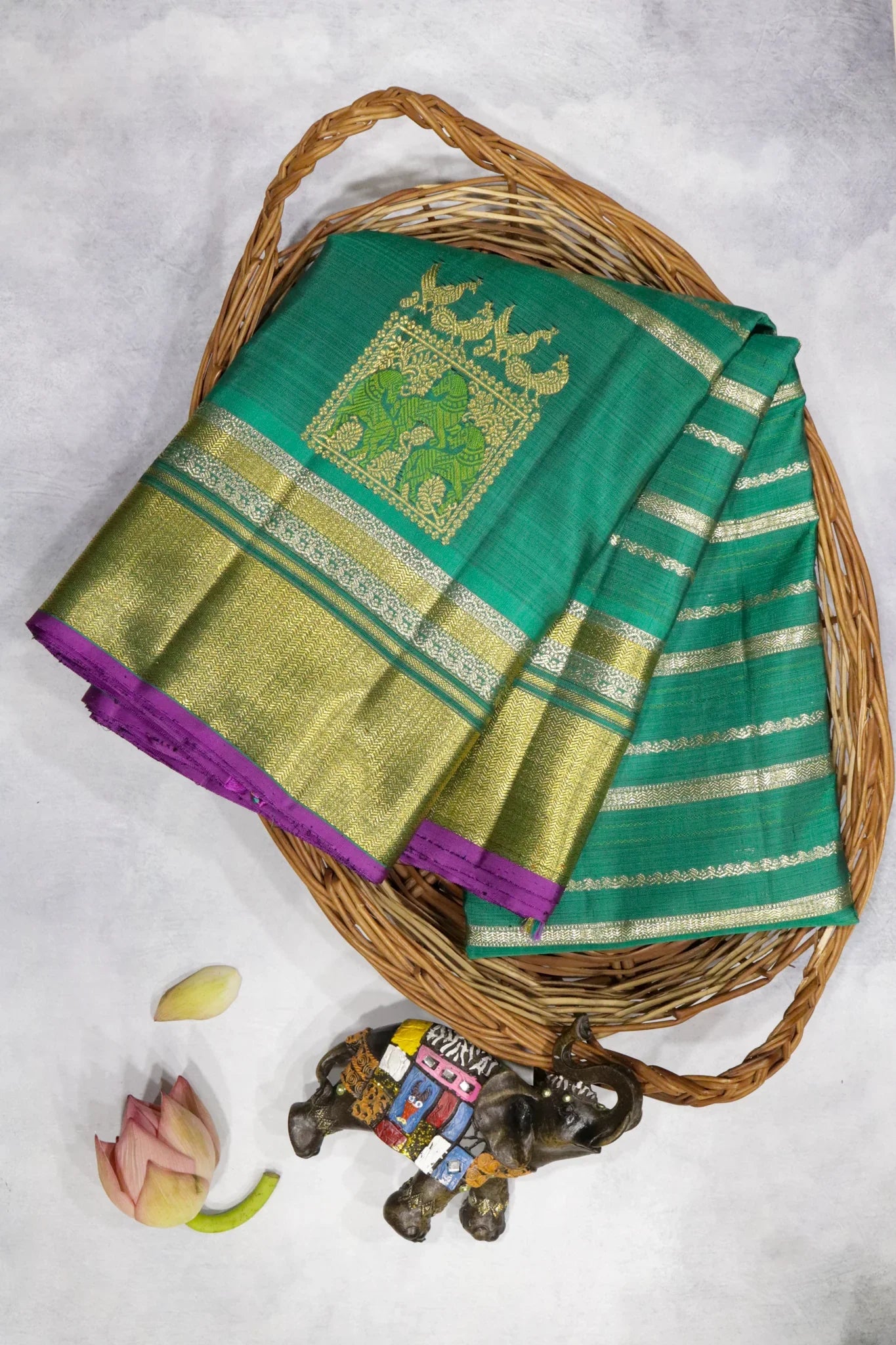 Teal Blue Kanchipuram Silk Saree with Silver Zari Stripes and Zari Border - Mokshaa