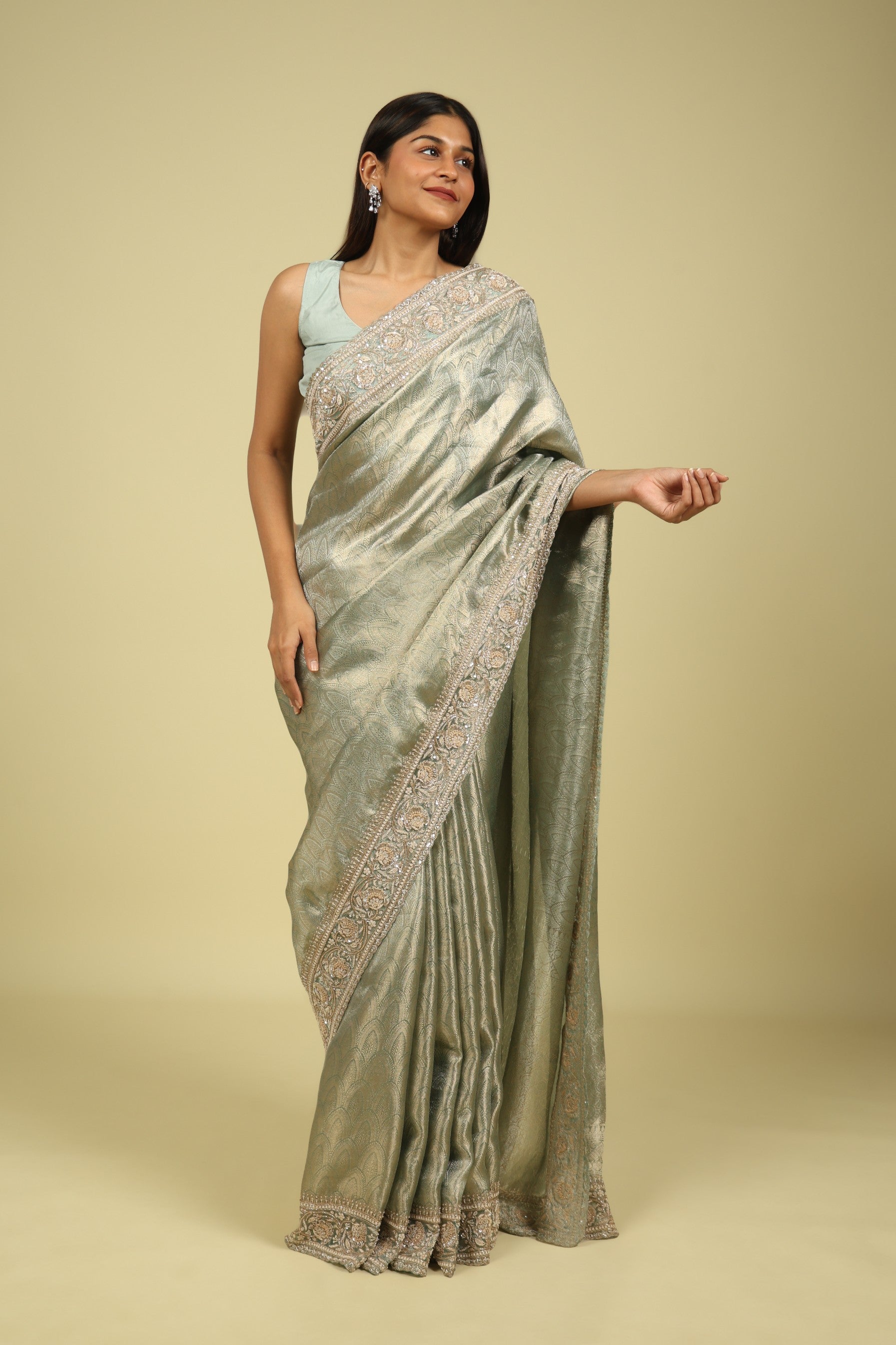 Sea Blue Banaras Tissue Saree with Pearl, Bead & Sequin Embroidered Border - Mokshaa