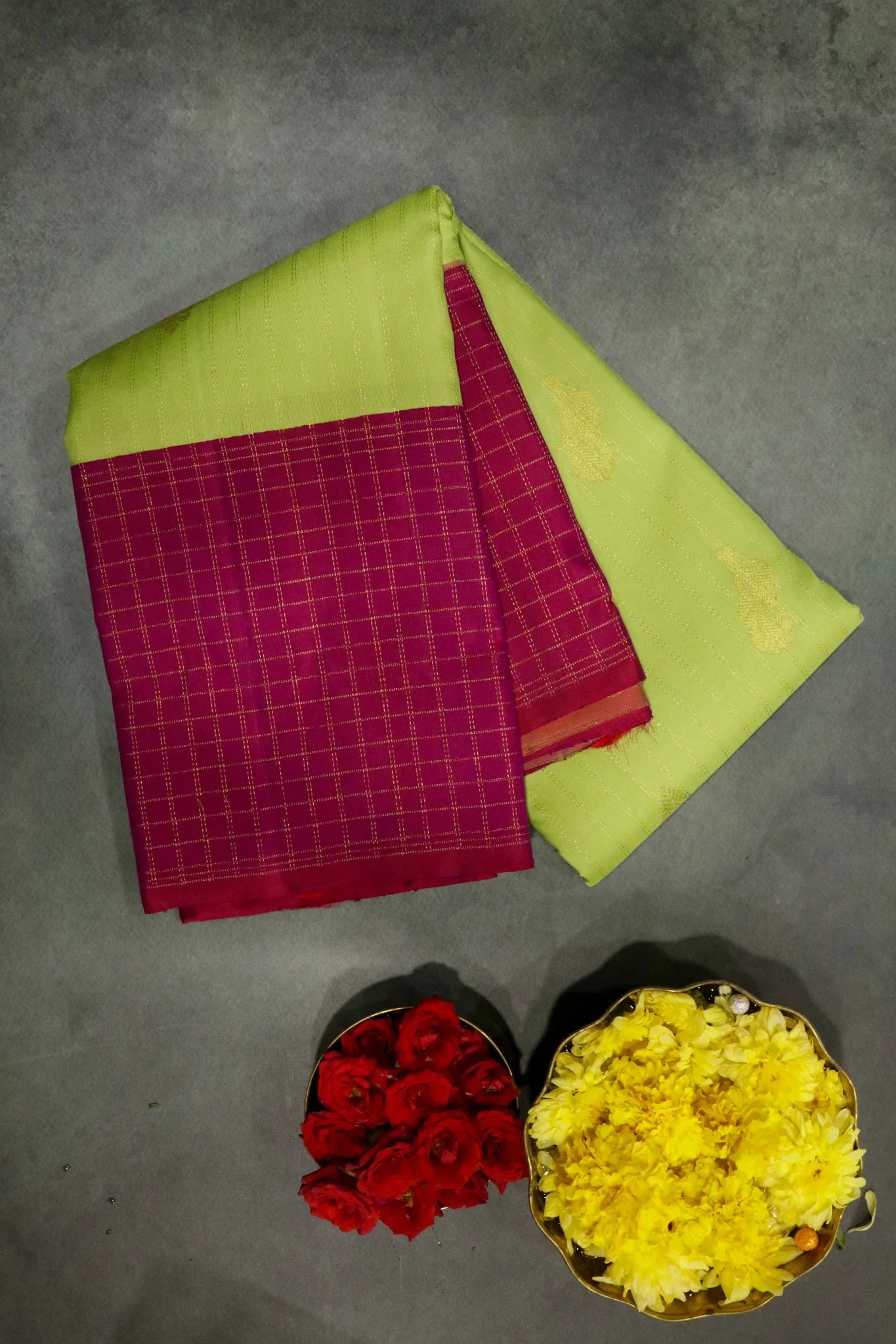 Green with Pink Kanchipuram Silk Saree with Zari Vertical Lines, Motifs & Contrast Zari Checks Border - Mokshaa