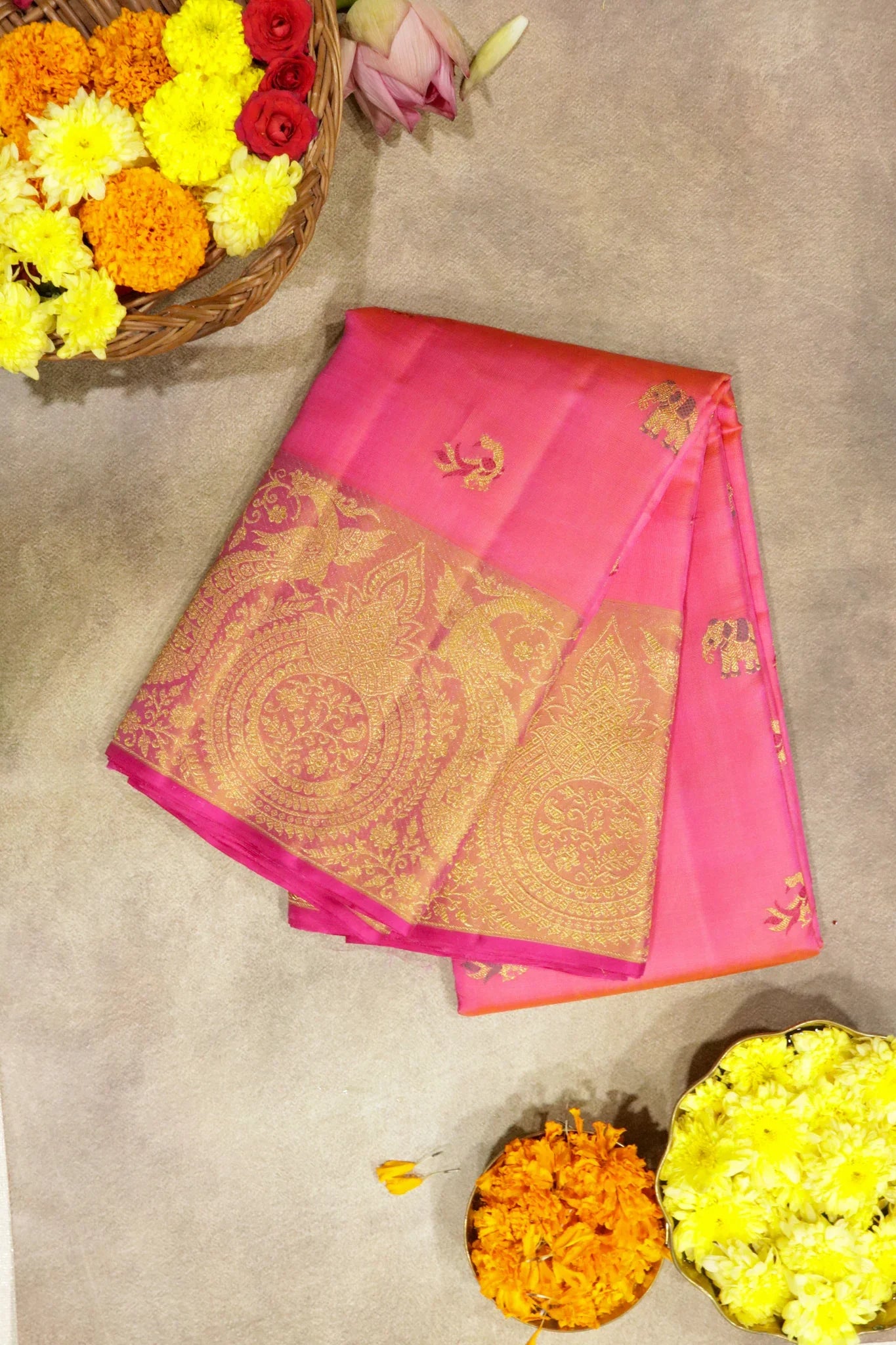 Shaded Pink Kanchipuram Silk Saree with Peacock & Elephant Motifs and Fancy Border - Mokshaa