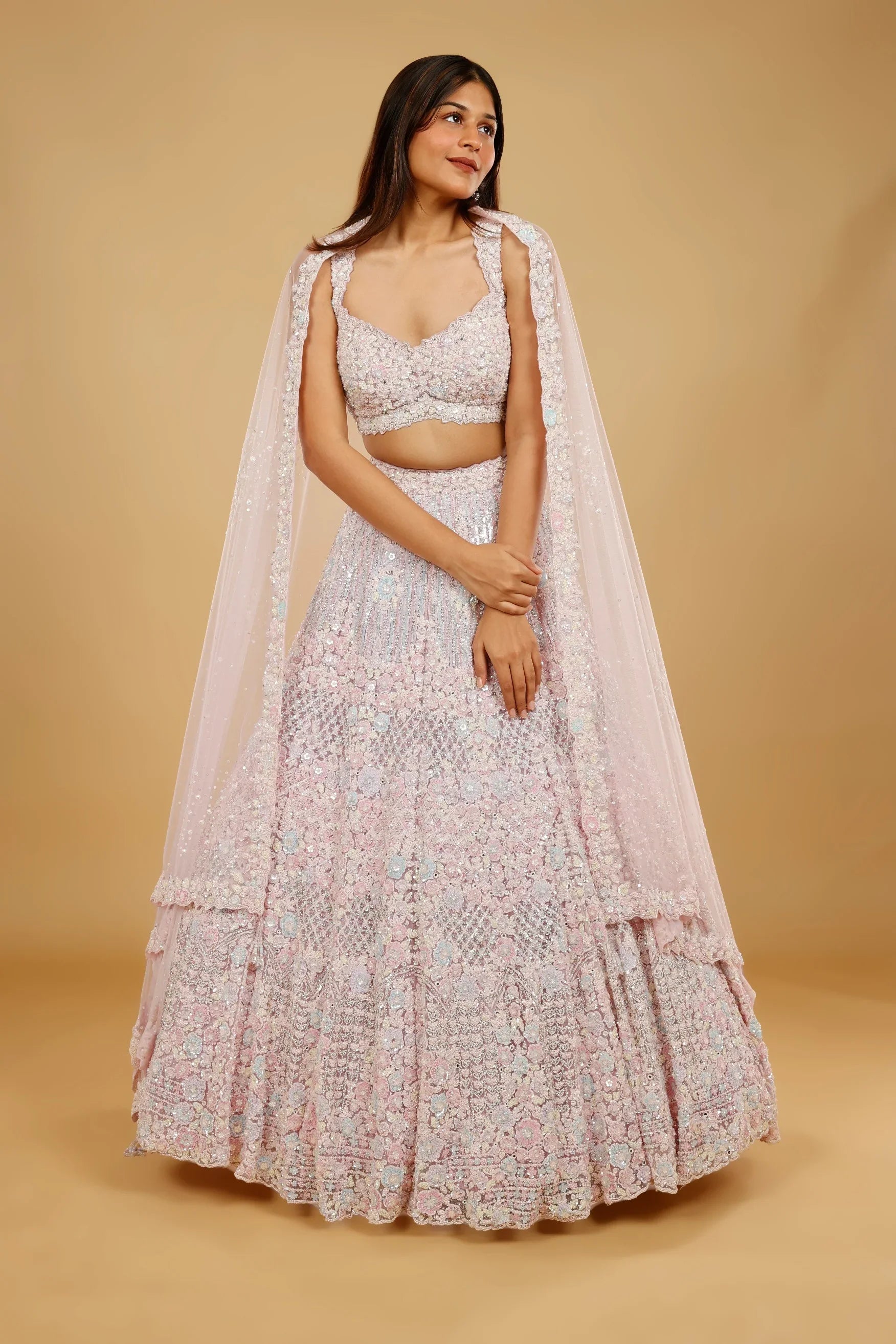 Pink Net Lehenga Set with Multi-Colour Sequin, Pearl & Stone Embroidery - Mokshaa