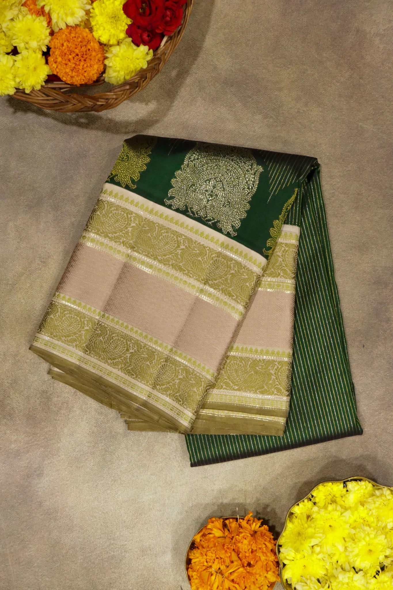 Bottle Green Kanchipuram Silk Saree with Self Stripes, Zari Weaving & Contrast Thread Border - Mokshaa