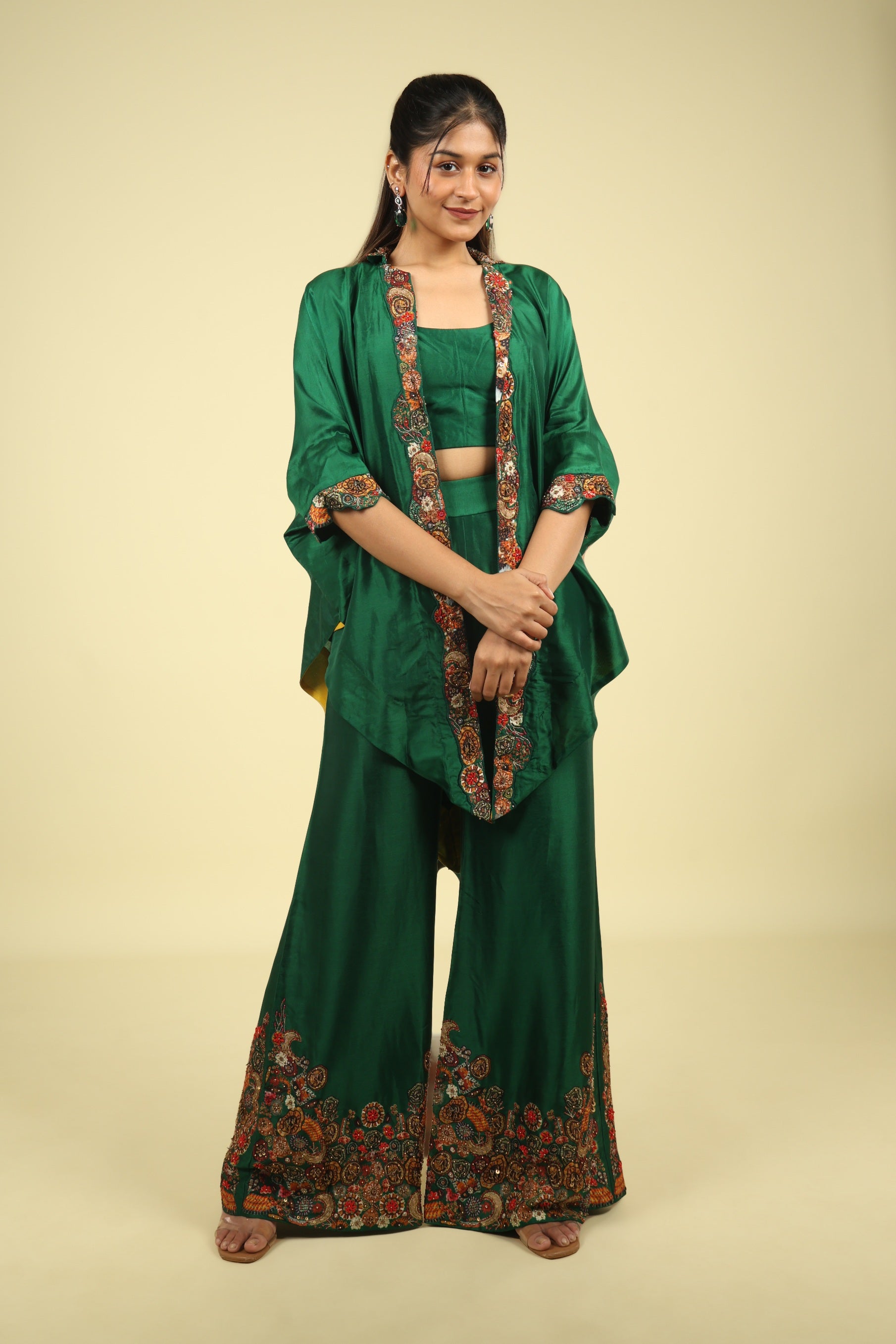 Green Silk Co-Ord Set with Placement Print & Metallic Embroidery - Mokshaa
