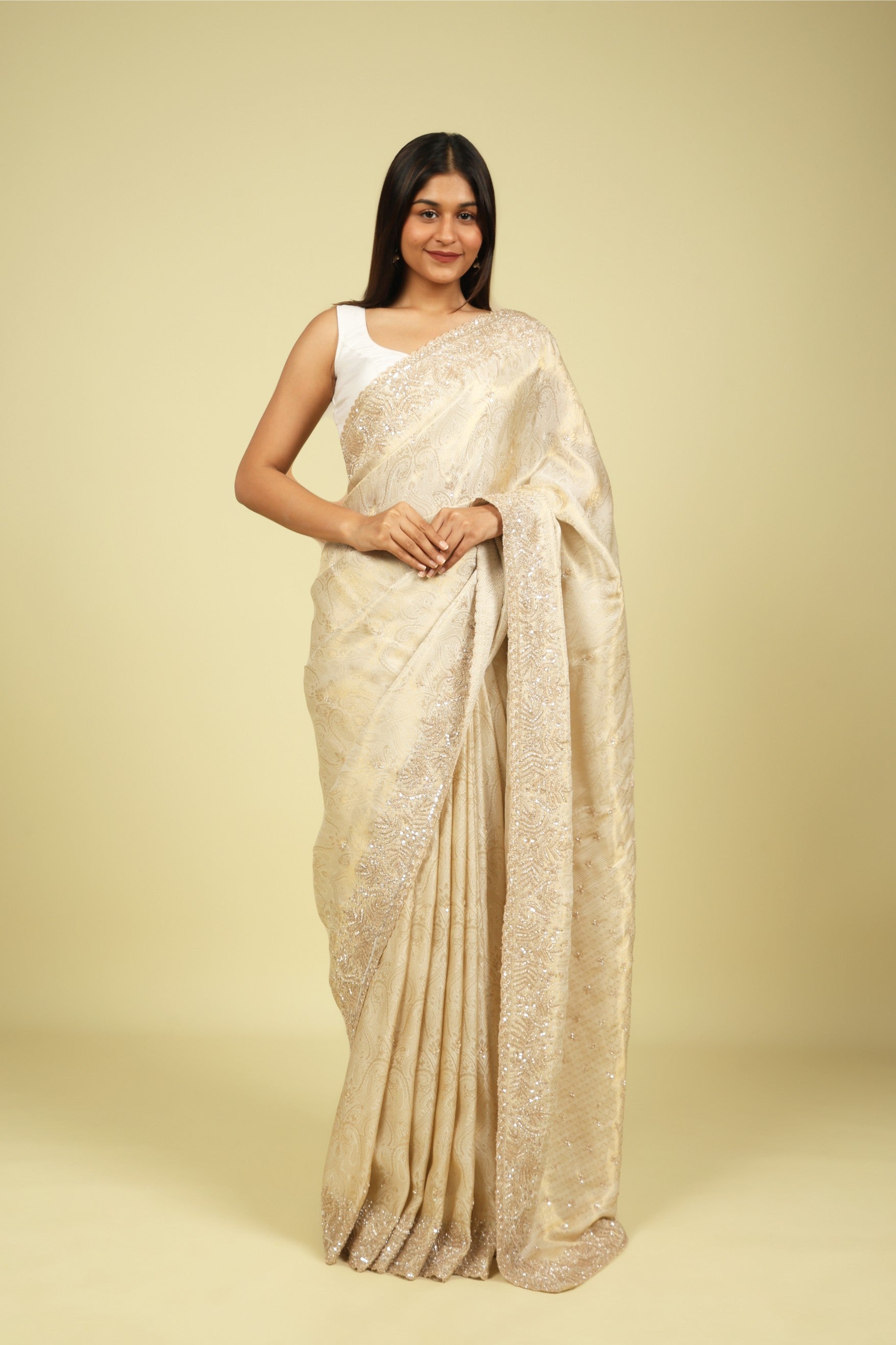 Off White Handloom Silk Saree with Banarasi Zari Weaving & Bead-Sequin Border - Mokshaa