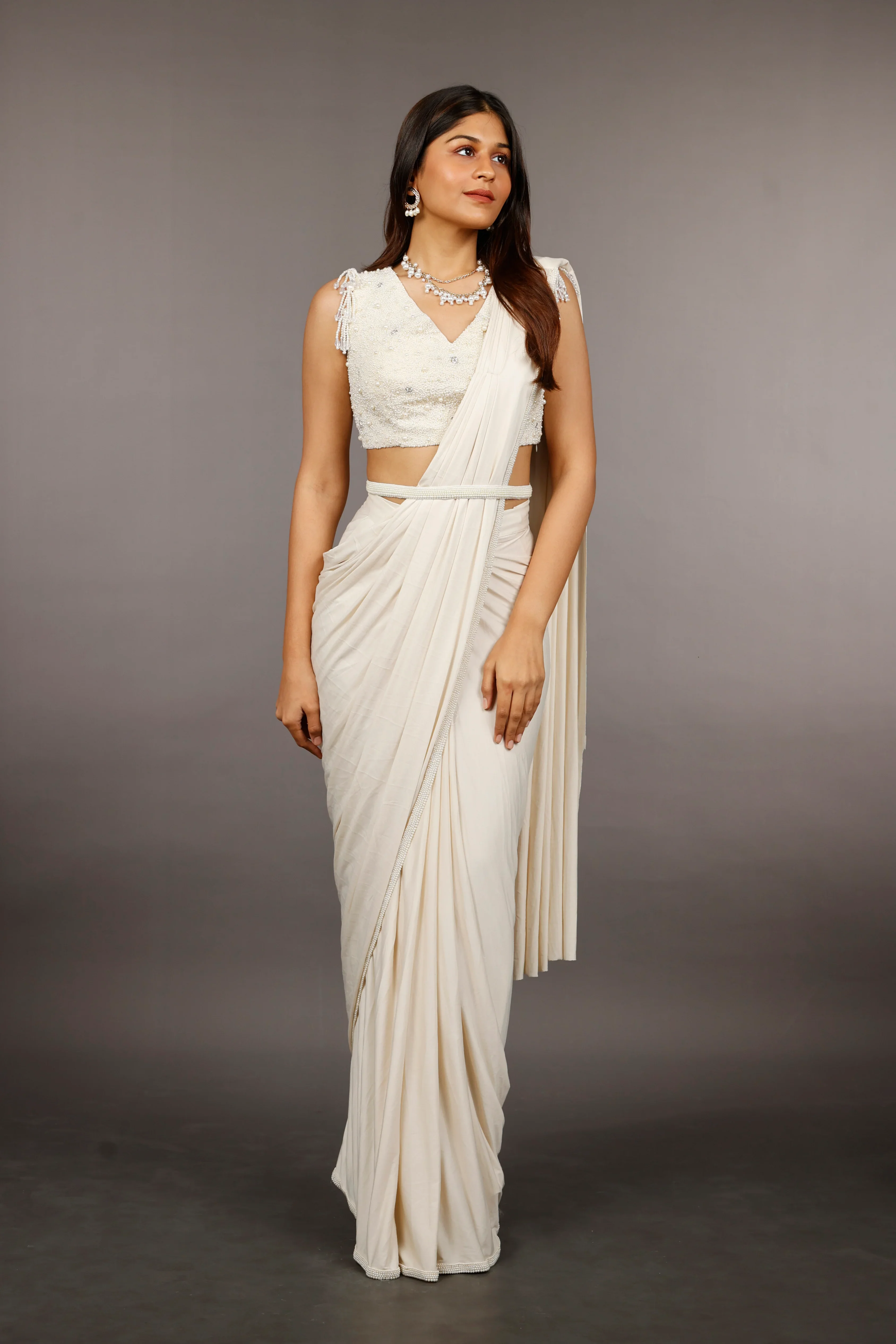 Ivory Lycra Drape Saree with Pearl & Stone Embroidered Blouse - Mokshaa
