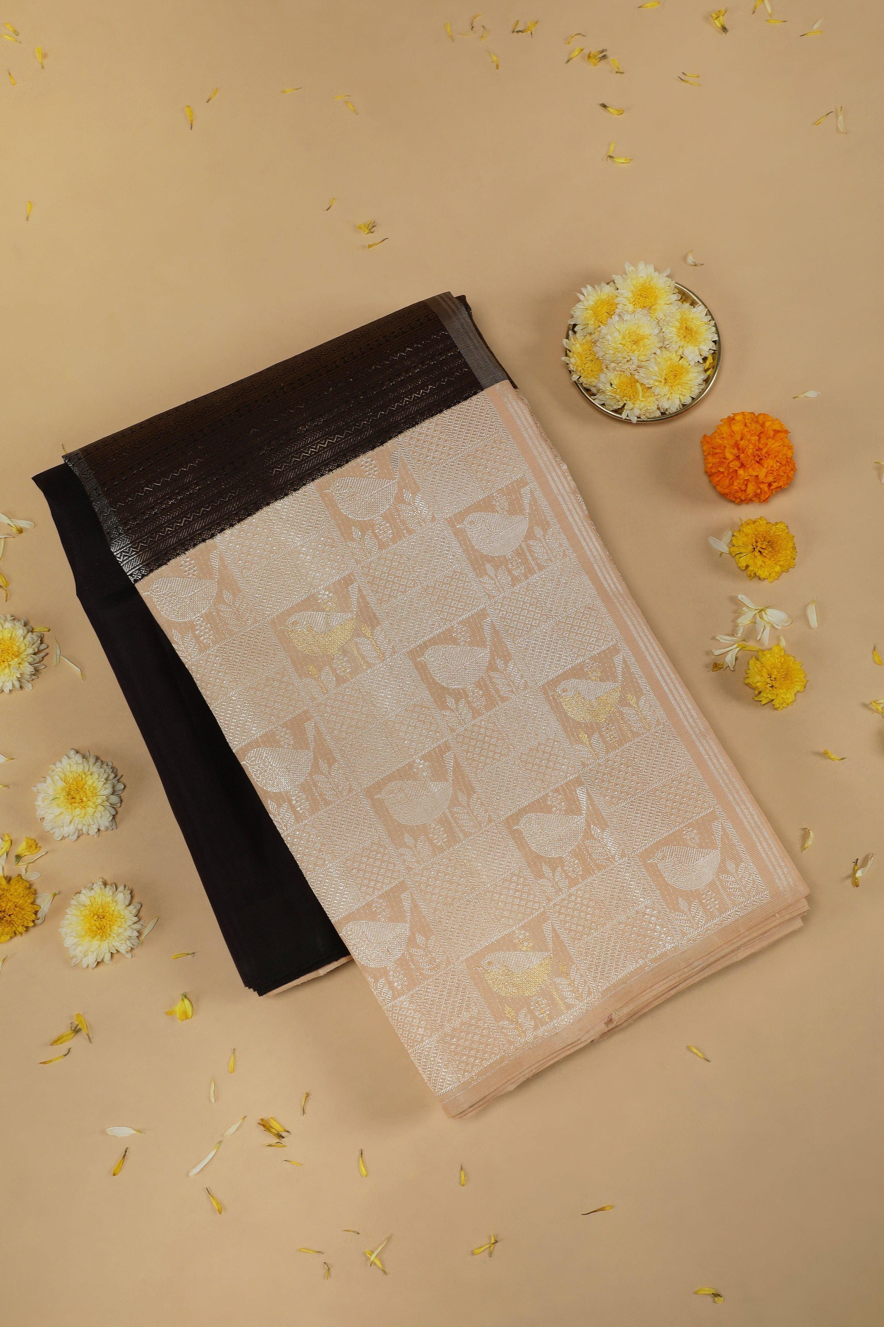 Black Kanchipuram Silk Saree with Geometric Zari and Cream Animal Border - Mokshaa