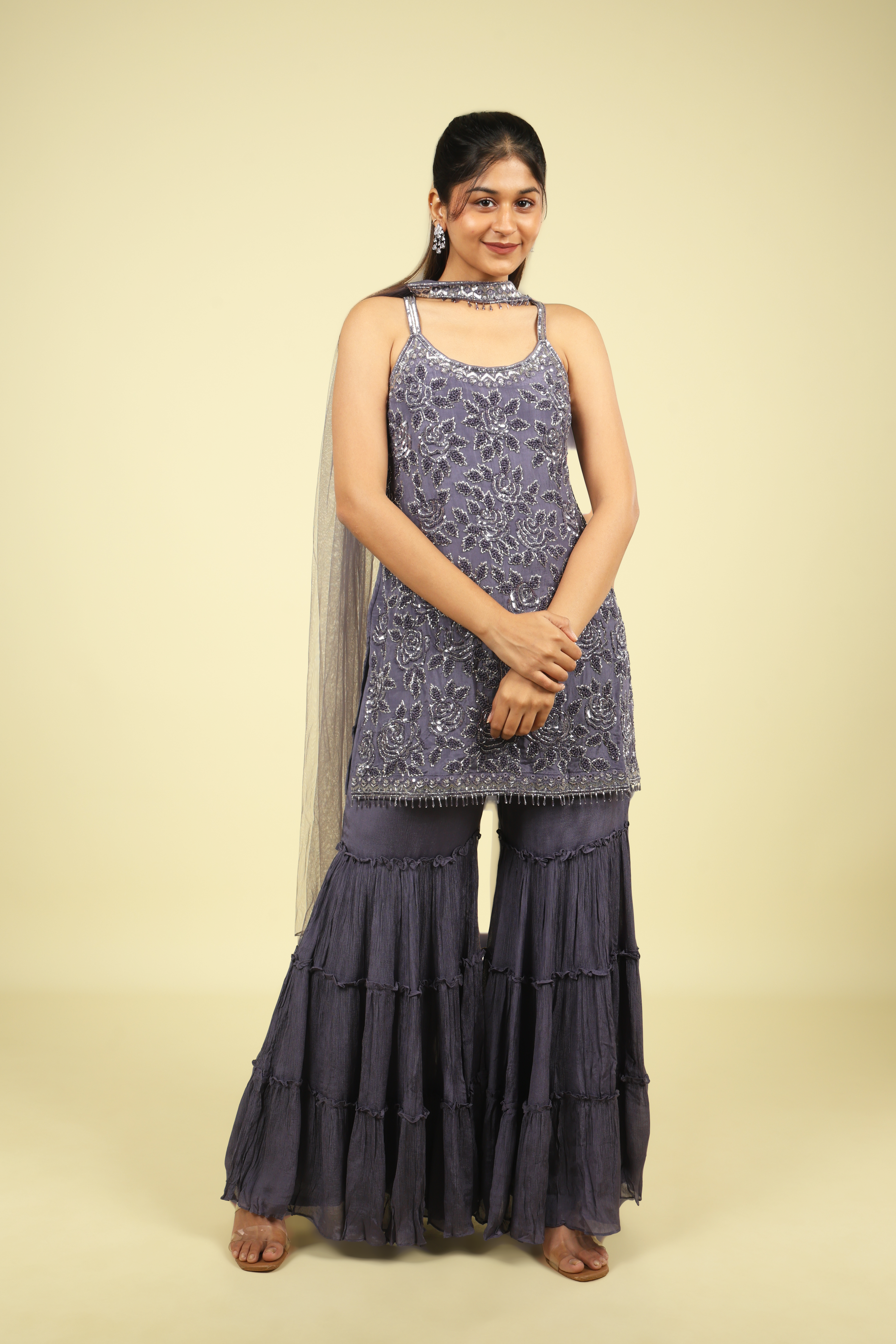 Amethyst Chinon Sharara Set with Sequin & Cutdana Embroidery - Mokshaa