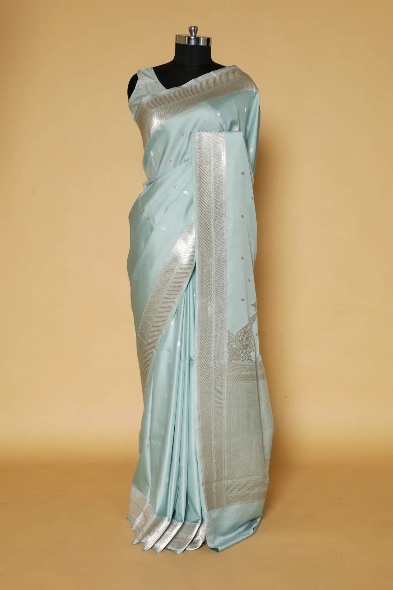 Light Blue Banarasi Mushroom Silk Saree with Silver Motifs & Silver Zari Border - Mokshaa