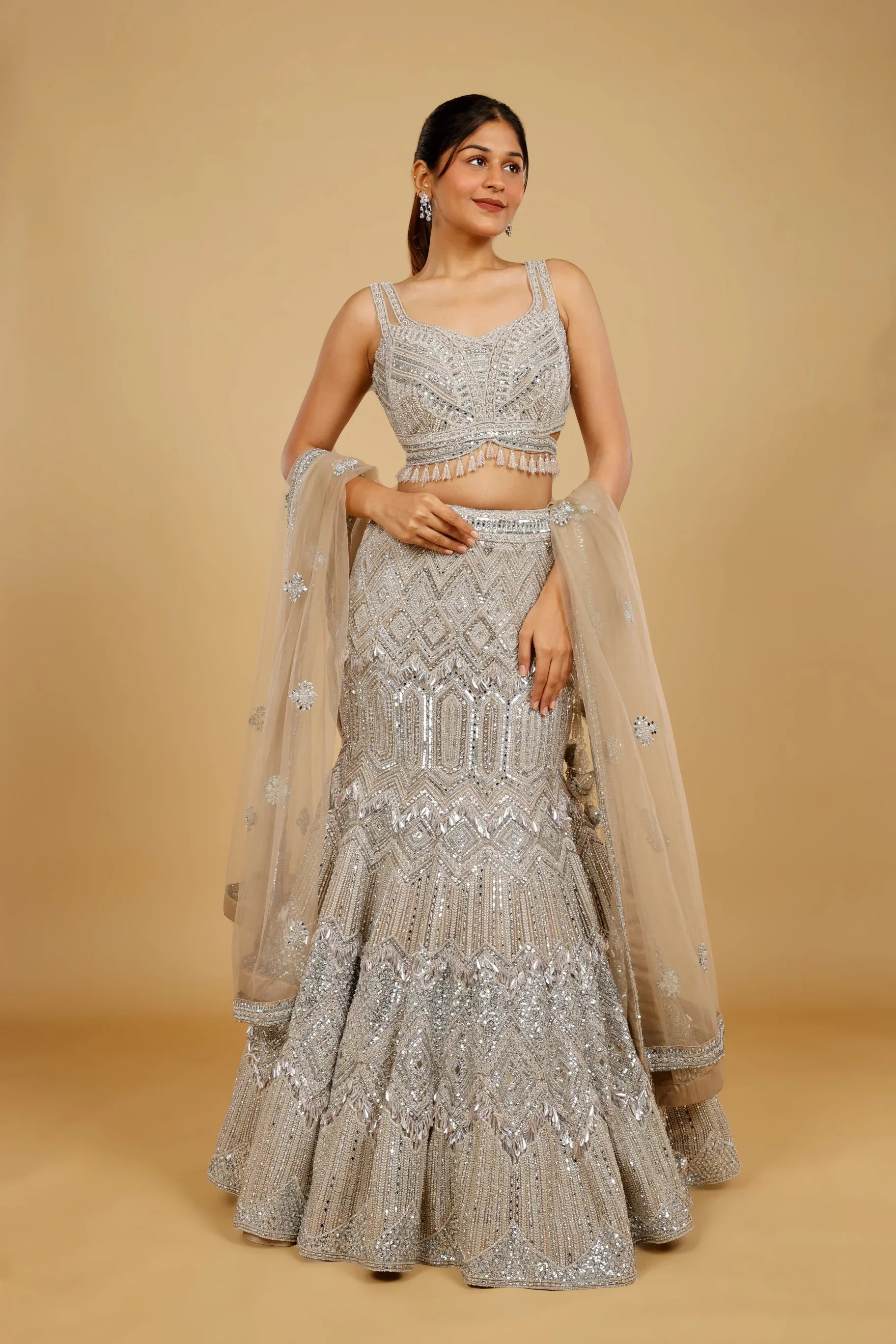 Champagne Net Mermaid Lehenga Set with Mirror, Pearl & Sequin Embroidery - Mokshaa