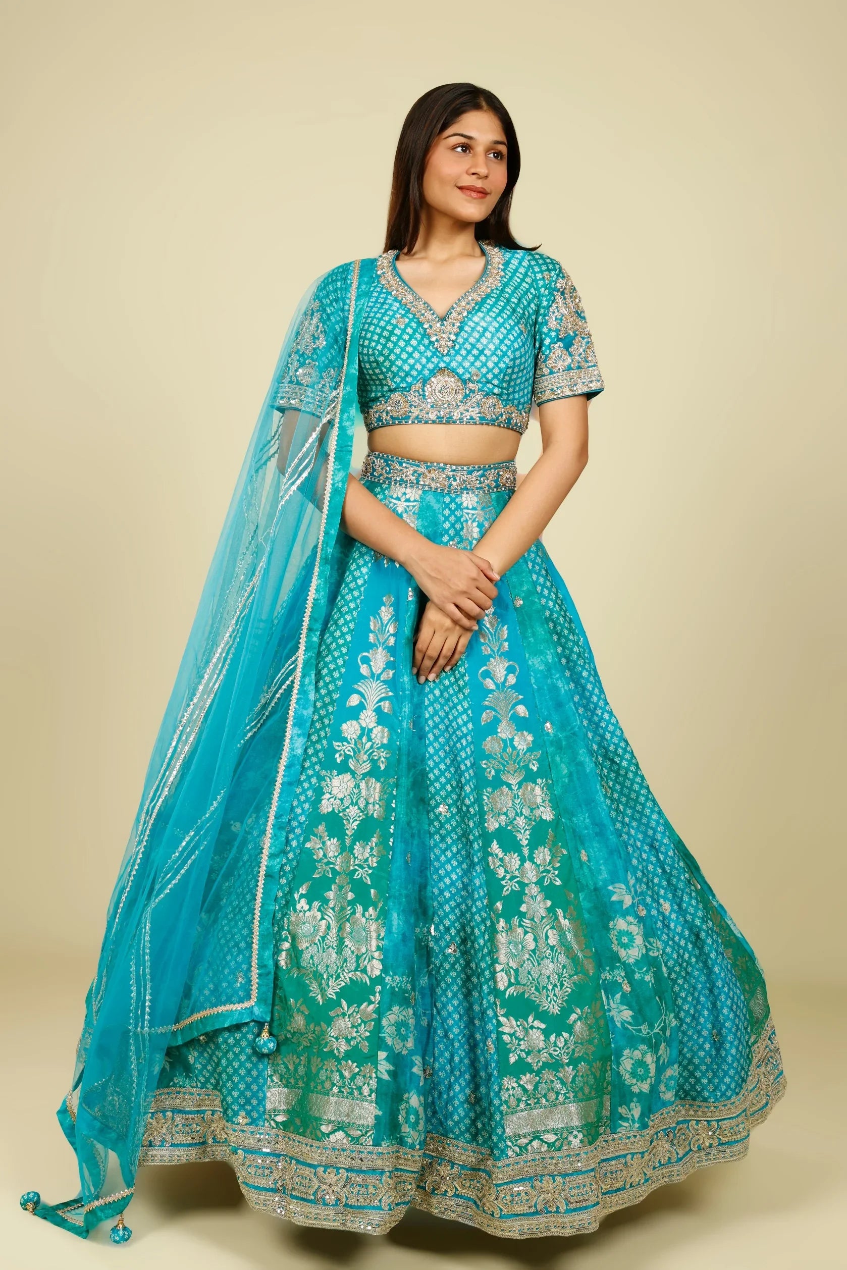 Teal Banarasi Printed Lehenga Set with Zari, Zardozi & Sequin Embroidery - Mokshaa