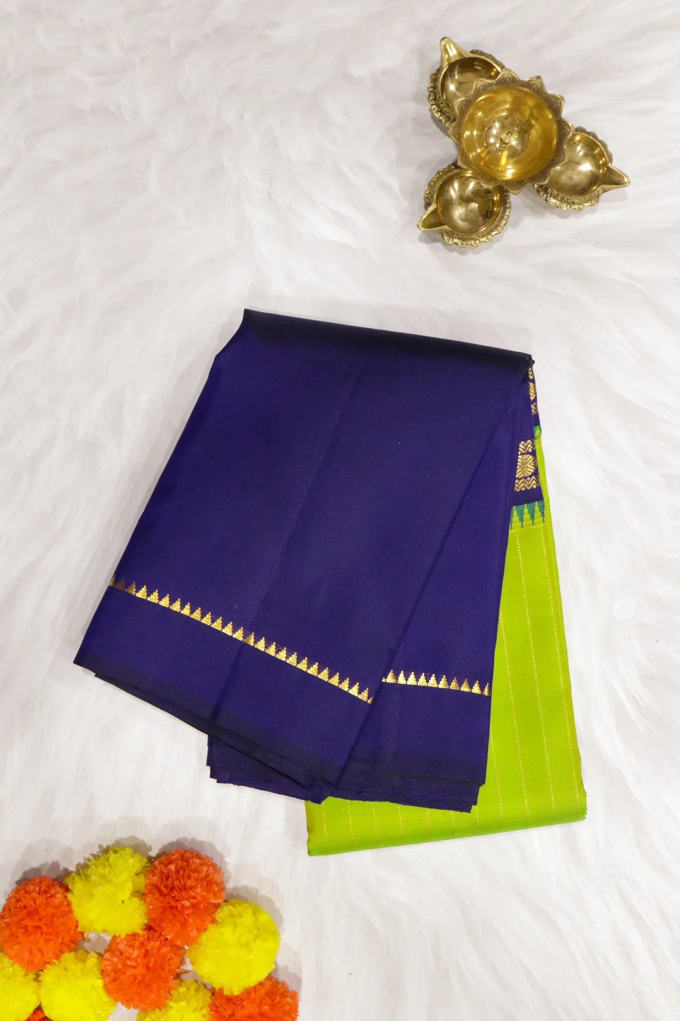 Green & Blue Kanchipuram Silk Saree with Vertical Zari Lines & Rudraksha Border - Mokshaa