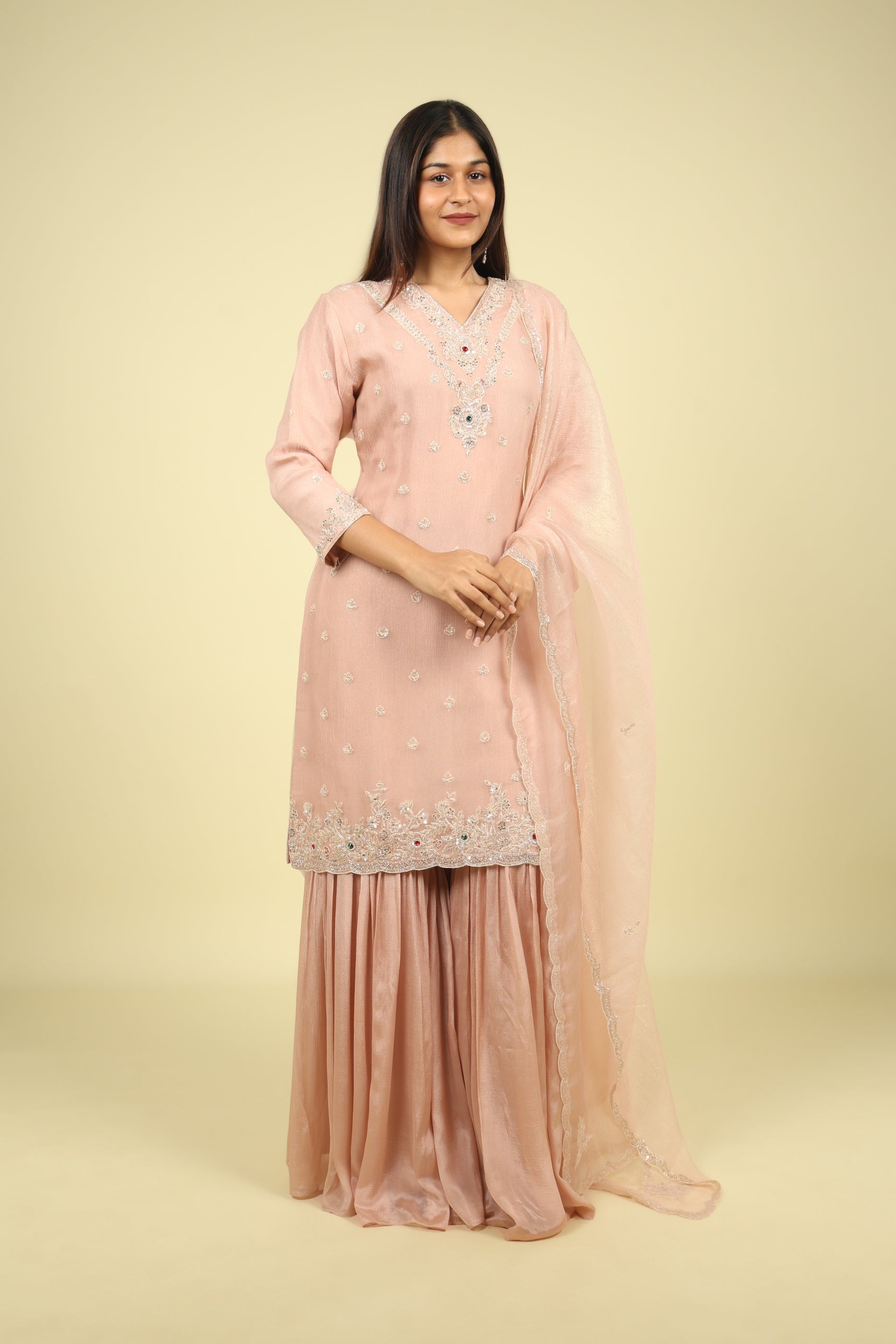 Blush Pink Crush Tissue Sharara Set with Pearl & Kutdana Embroidery - Mokshaa