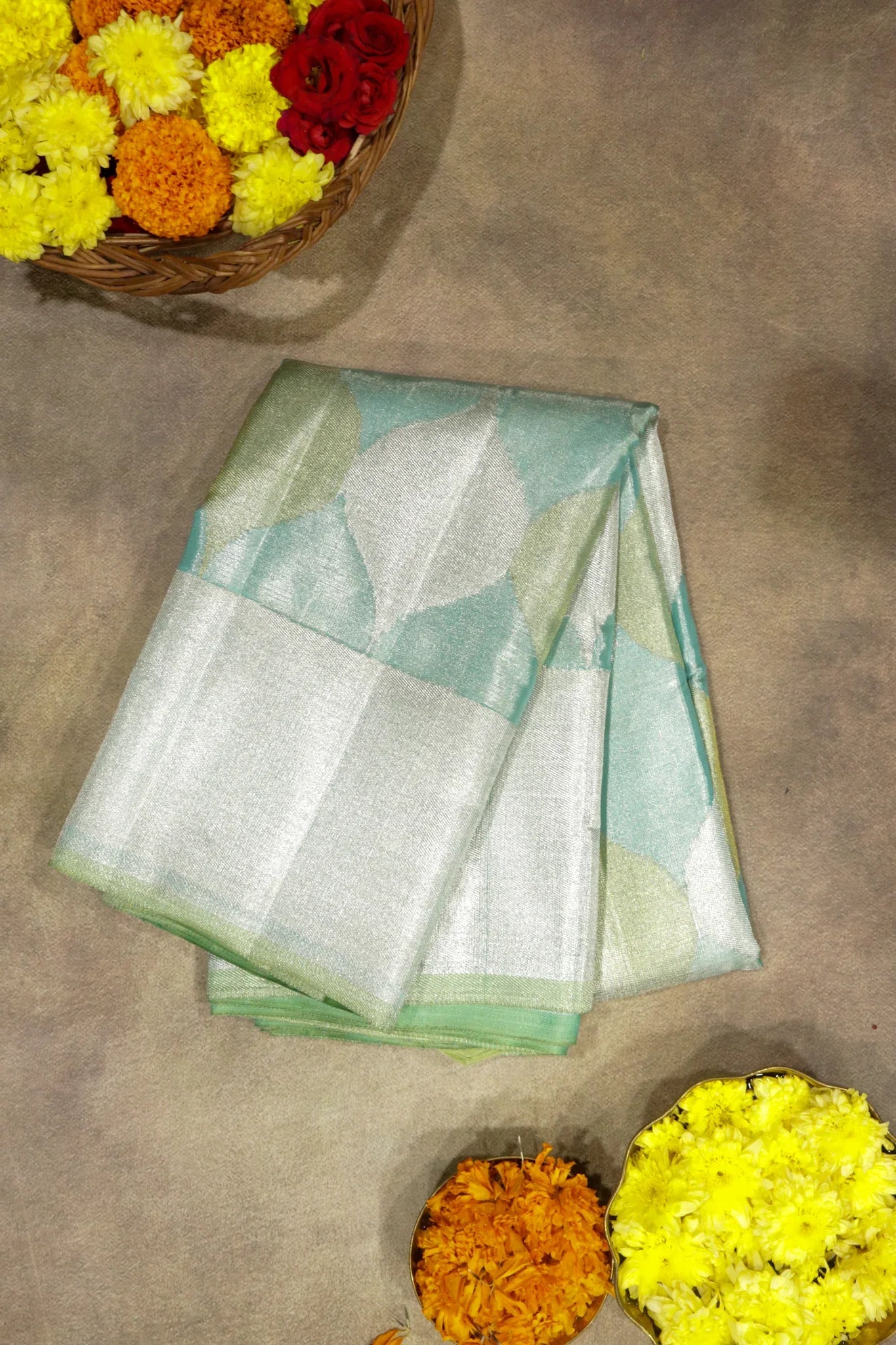 Ice Blue Kanchipuram Tissue Saree with Silver & Gold Jaal Motifs and Self Zari Border - Mokshaa