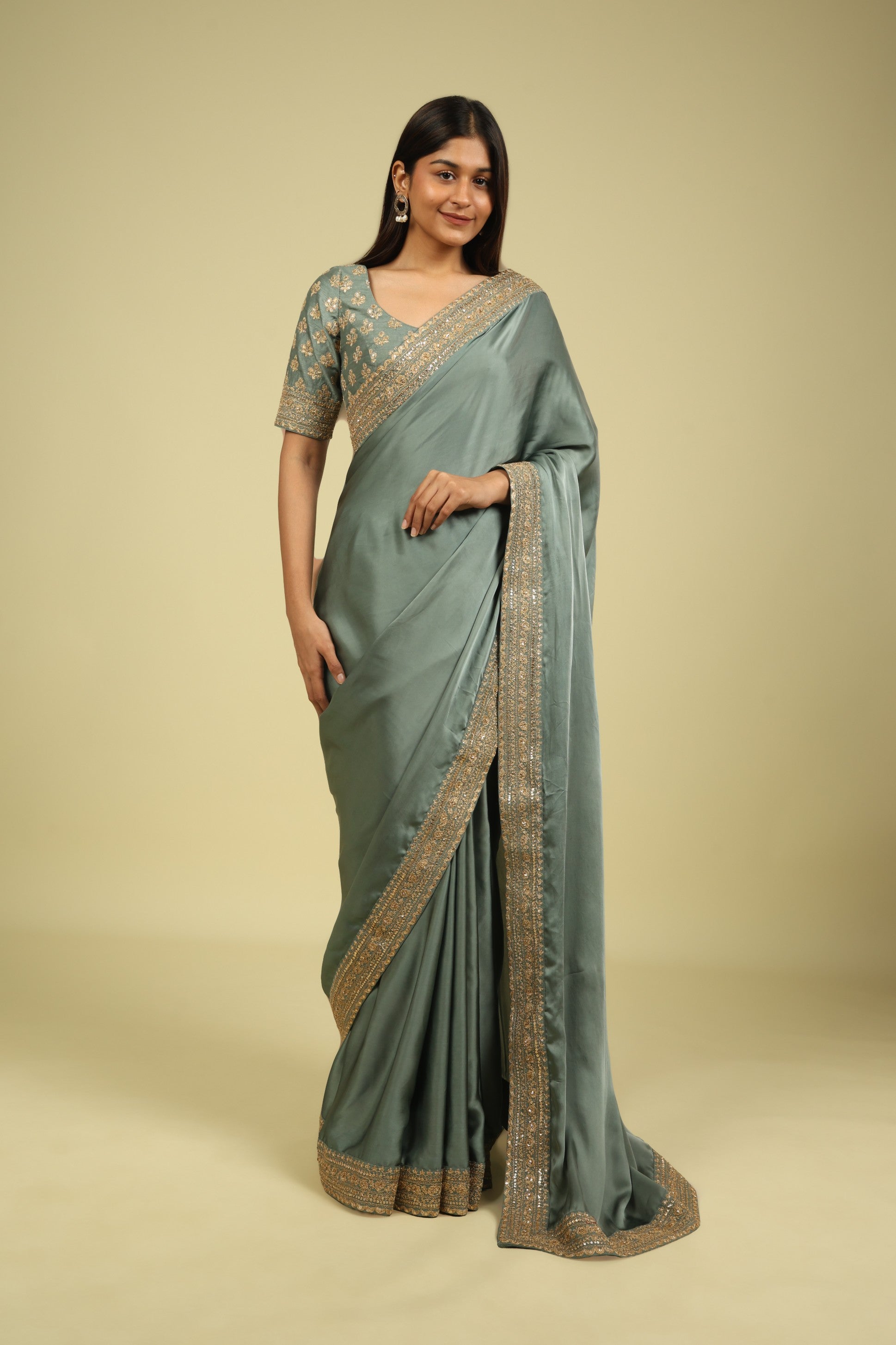 Powder Blue Satin Saree with Zari Thread Border & Zari Motif Blouse - Mokshaa