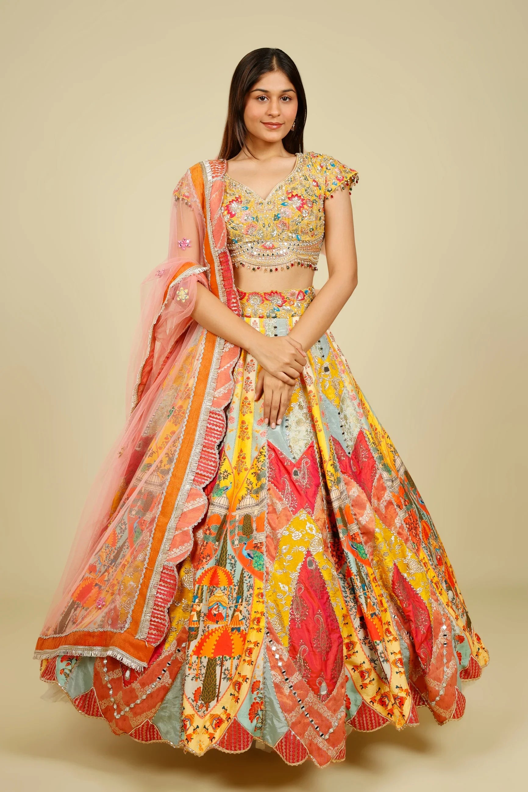 Multicolour Printed Silk Patchwork Lehenga Set with Mirror & Zari Embroidery - Mokshaa