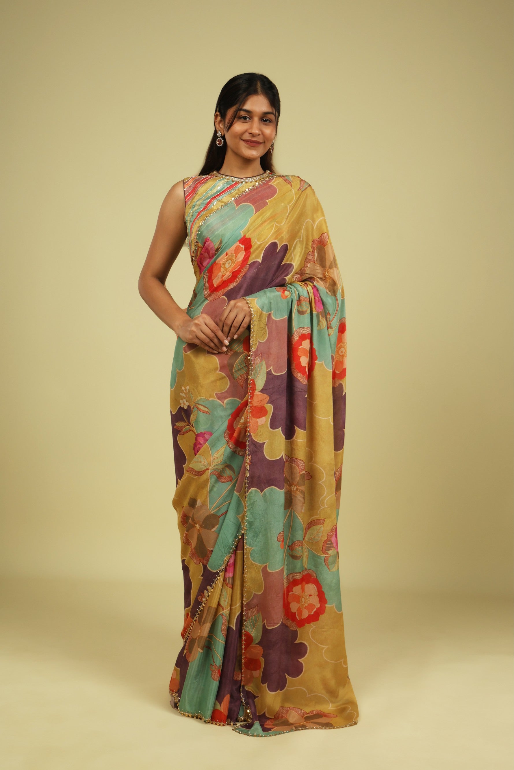 Multicolour Silky Georgette Saree with Digital Print & Bead-Sequin Border - Mokshaa
